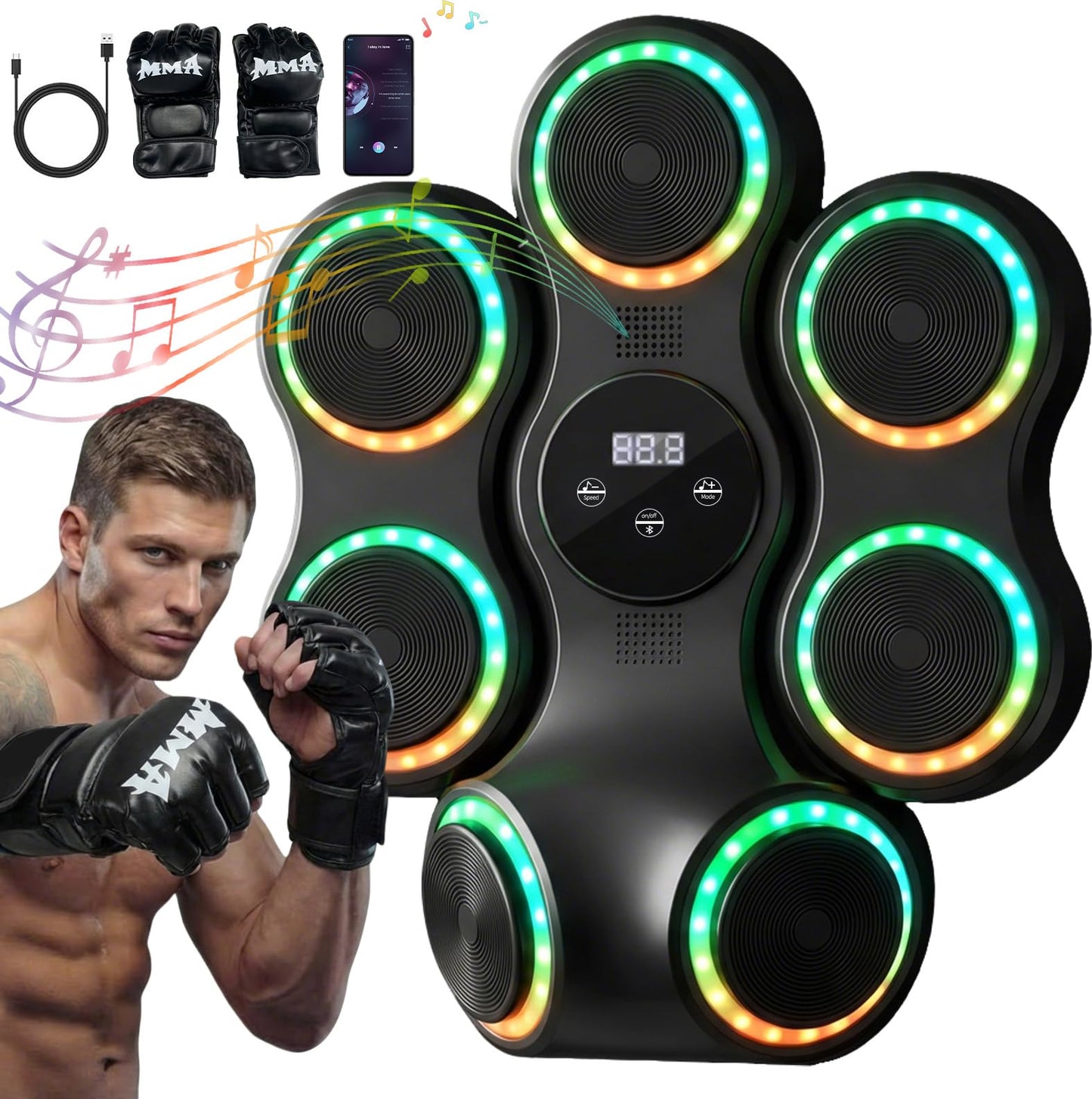 Strenellea Music Boxing Machine for Adults, Music Punching Machine with Gloves, Interactive Wall Mounted Electronic Boxing Target with 11 Modes & 9 Speeds, Gift for Men and Kid (RGB Light)