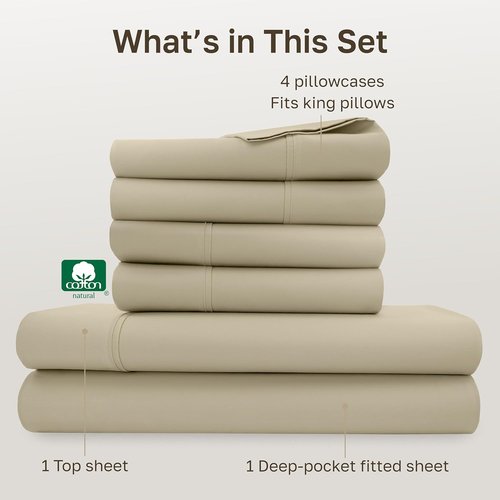California Design Den King Size Sheets Set - Soft 400 Thread Count Sateen, 100% Cotton, Deep Pockets - Beige