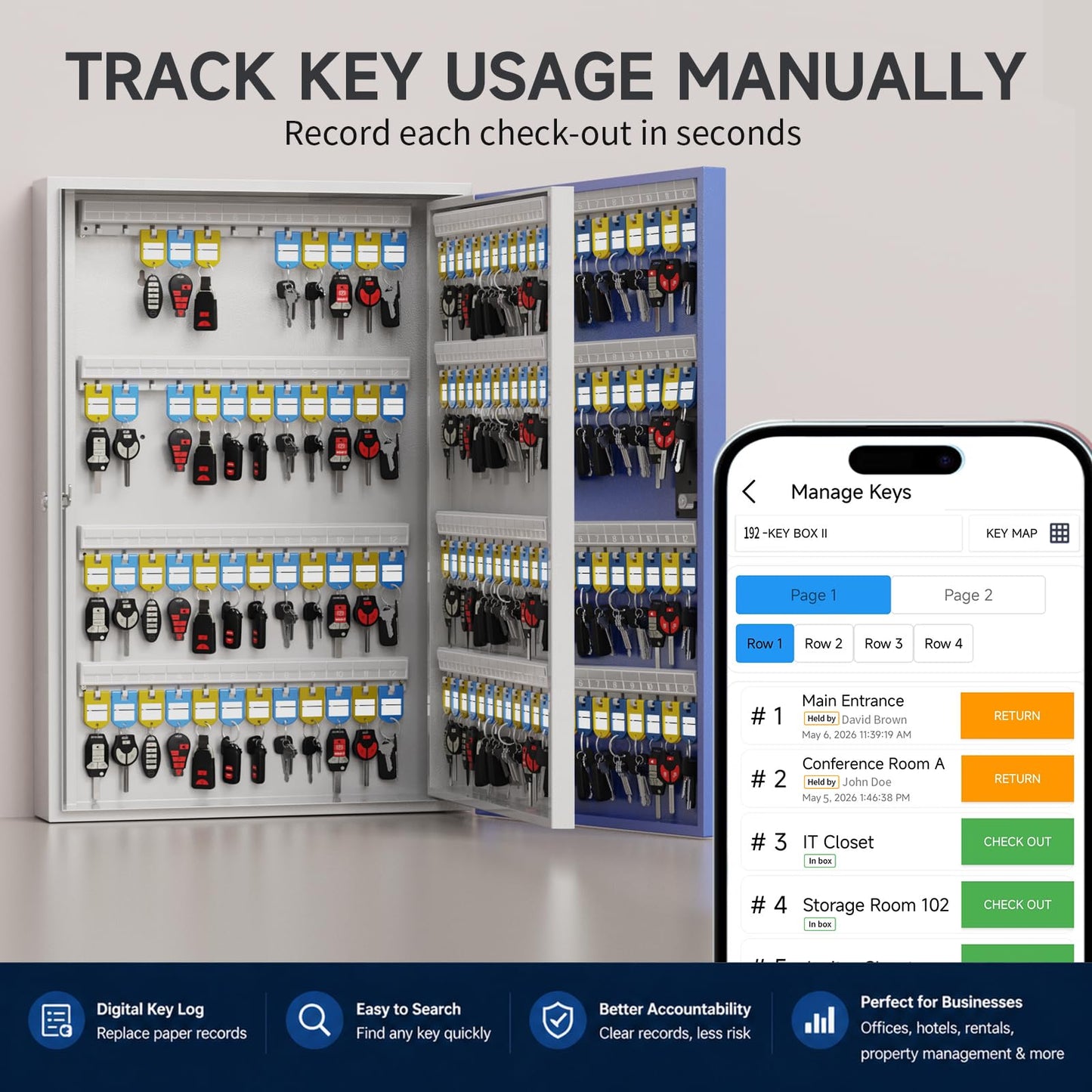 WeHere 192-Key Smart Key Lock Box, Wall-Mount Key Cabinet with Key Management App(Track Key Borrow/Return), Keypad, Bluetooth & WiFi Unlock (Sold Separately) for Commercial, School, Rental, Office