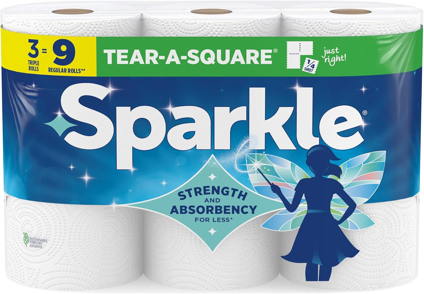 Sparkle Tear-A-Square Paper Towels - Strong 2-Ply Kitchen Towels | 3 Triple Rolls = 9 Regular Rolls