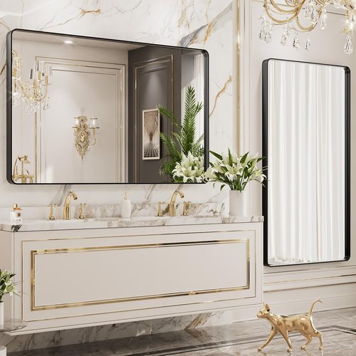 LOAAO Black Metal Framed Bathroom Mirror - Large Rounded Rectangle, Anti-Rust Tempered Glass, 50x30 Inch