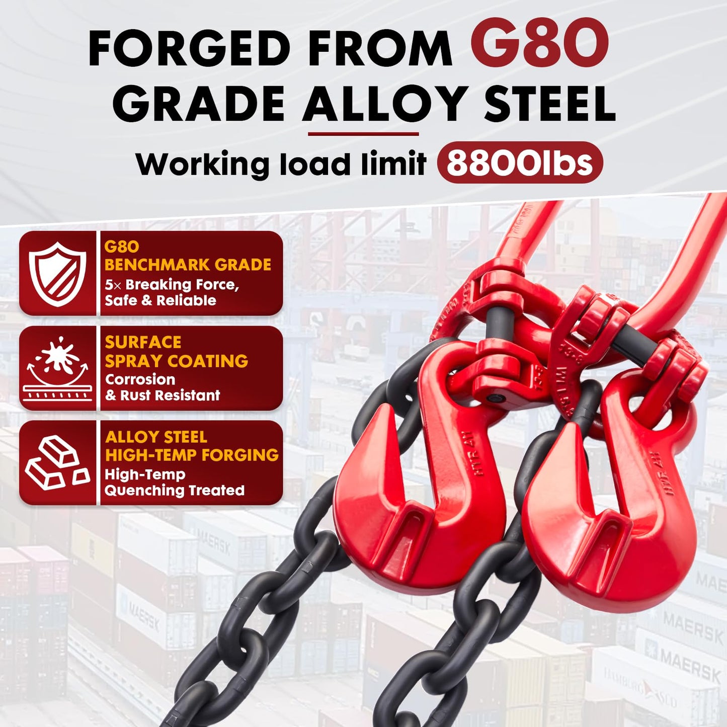 G80 Shipping Container Loading Chain (1/2" x 5'), Container Hooks with Hot Dip Galvanized V-Chain, Suitable for Cargo, Safety Locking Hooks for 20ft/ 40ft Shipping Containers, Trailers, Heavy Cargo