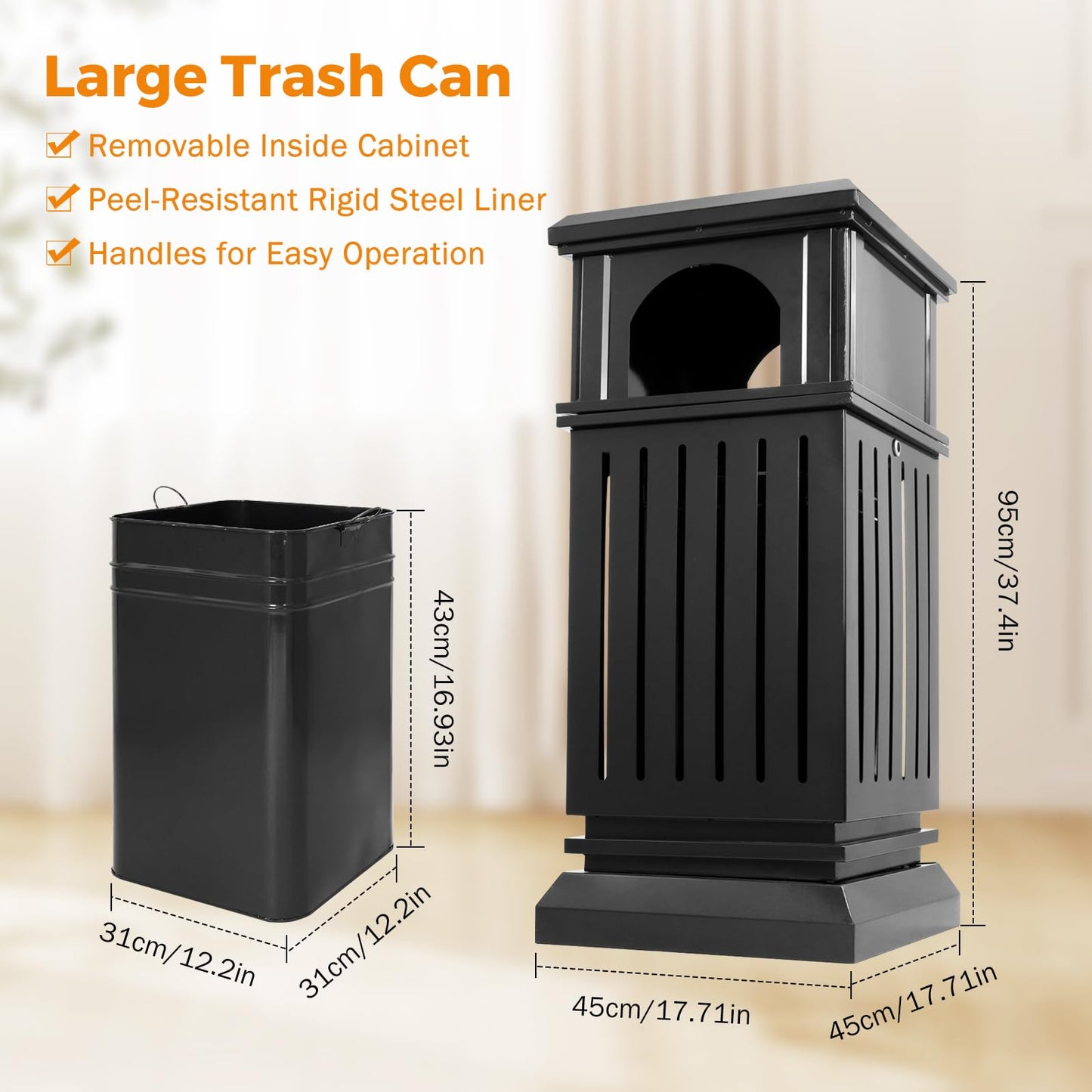 BEAMNOVA 37.4 * 17.7 * 17.7 in + 35.5 * 15.8 * 15.8 in Black Trash Can Outdoor Top Tray Stainless Steel Commercial Garbage Enclosure with Locking Lid
