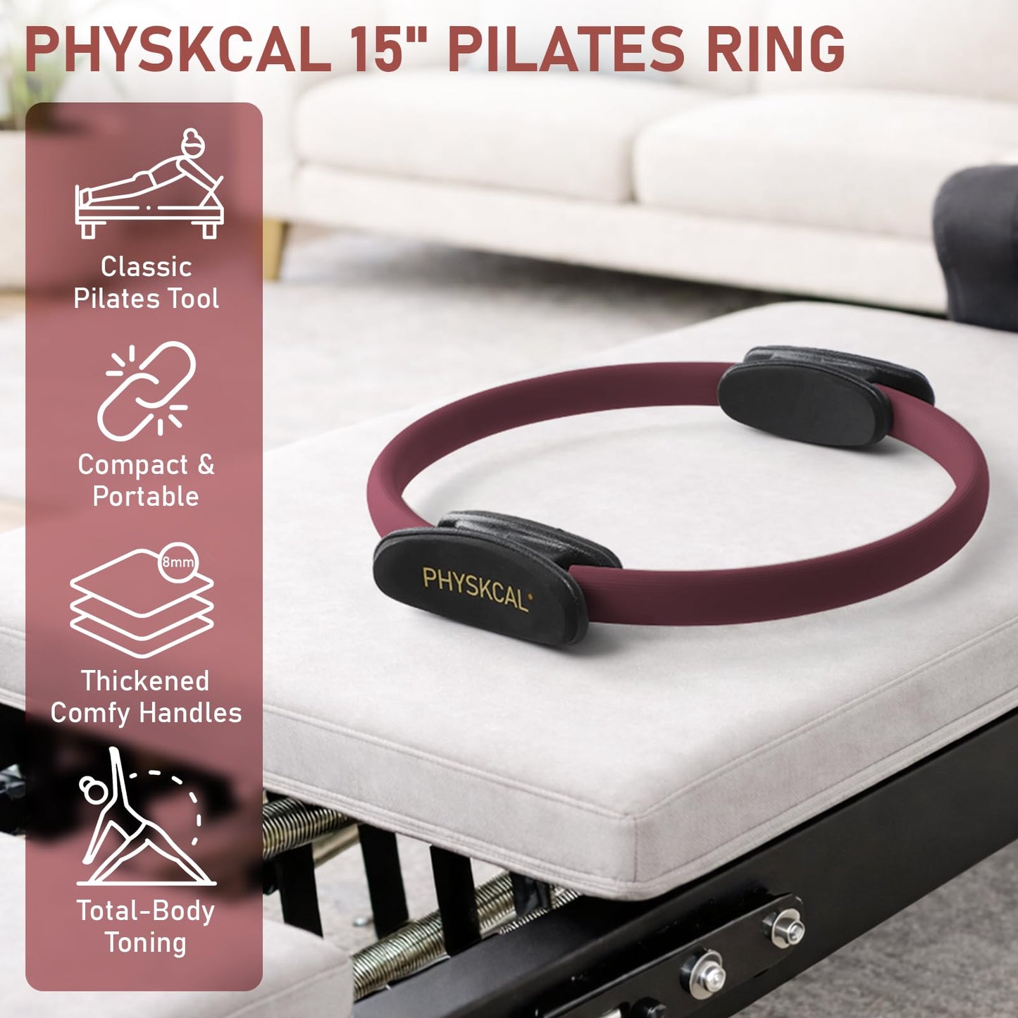 PhysKcal Pilates Ring, 15-Inch Magic Circle with Extra Thick Padded Handles, Pilates Equipment for Toning Inner Thighs, Arms and Strengthening Cores- Workout Guide Included (Plum)