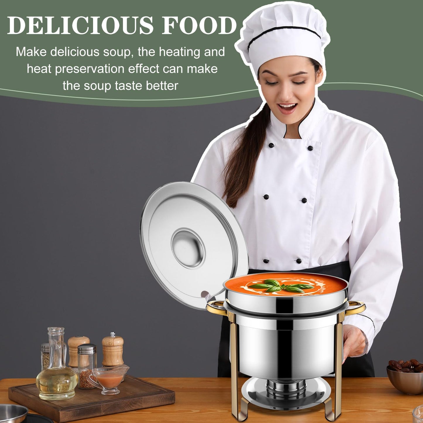 Reallnaive 4 Pack Soup Chafer 11 QT Stainless Steel Round Soup Warmer with Pot Lid and Fuel Holder Commercial Large Marmite Food Warmer for Catering Parties Wedding Banquets Events