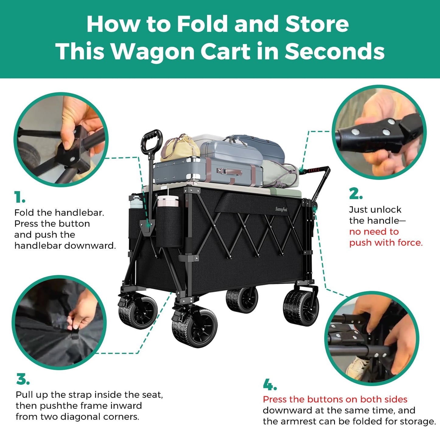 SUNNYFEEL 550LBS Collapsible Wagon Cart - Heavy Duty Push Pull Foldable Wagon with Dual Handles and Big Wheel,Utility Cart with Rear Tailgate for Camping, Fishing, Gardening, Shopping, Black