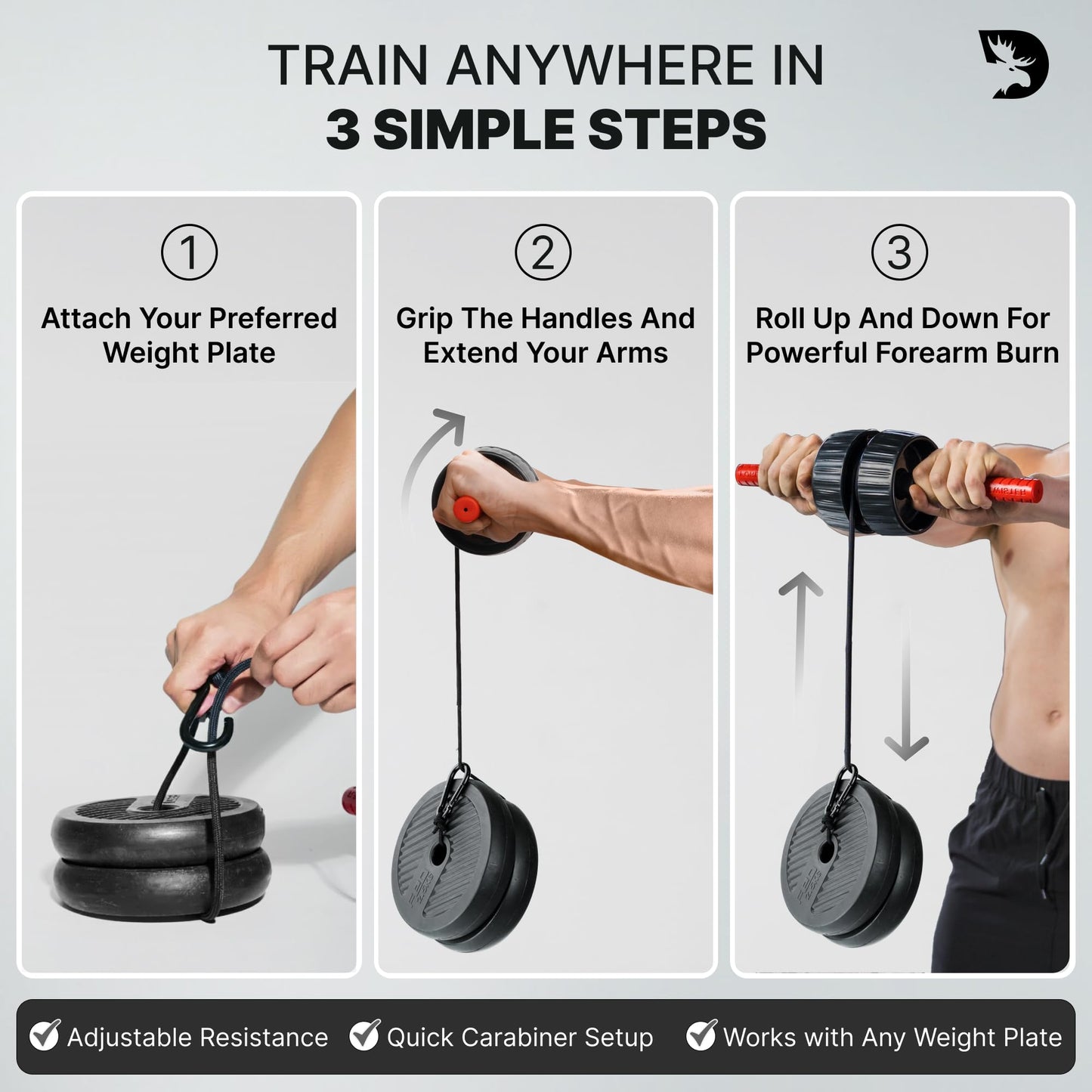 DMoose Fitness Forearm Exerciser - Hand, Wrist and Forearm Strengthener - Durable PVC Anti-Slip Grip Handles and Quick Locking Mechanism - Wrist Roller for Strength Training for Men & Women (Patented)