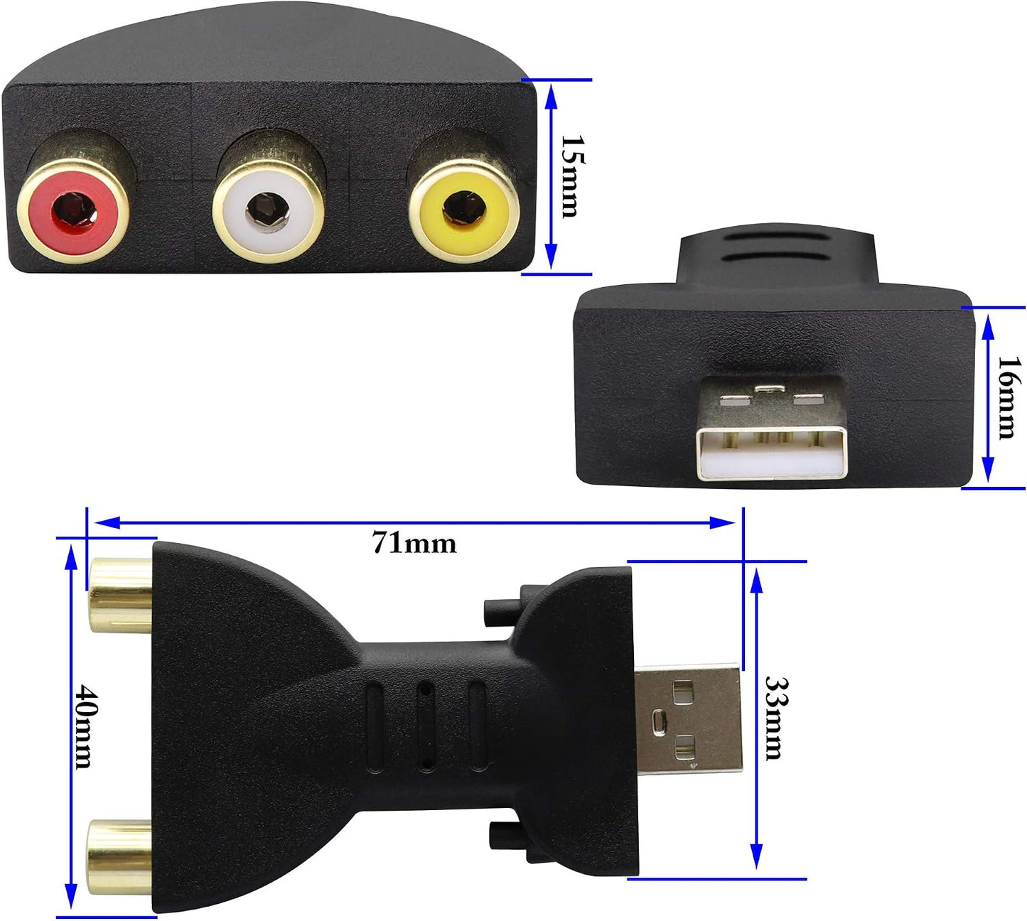 zdyCGTime 2pcs 2.0 2/3RCA Adapter,1080P USB Male to Female Jack Splitter Audio Video AV Composite AV to USB Connector
