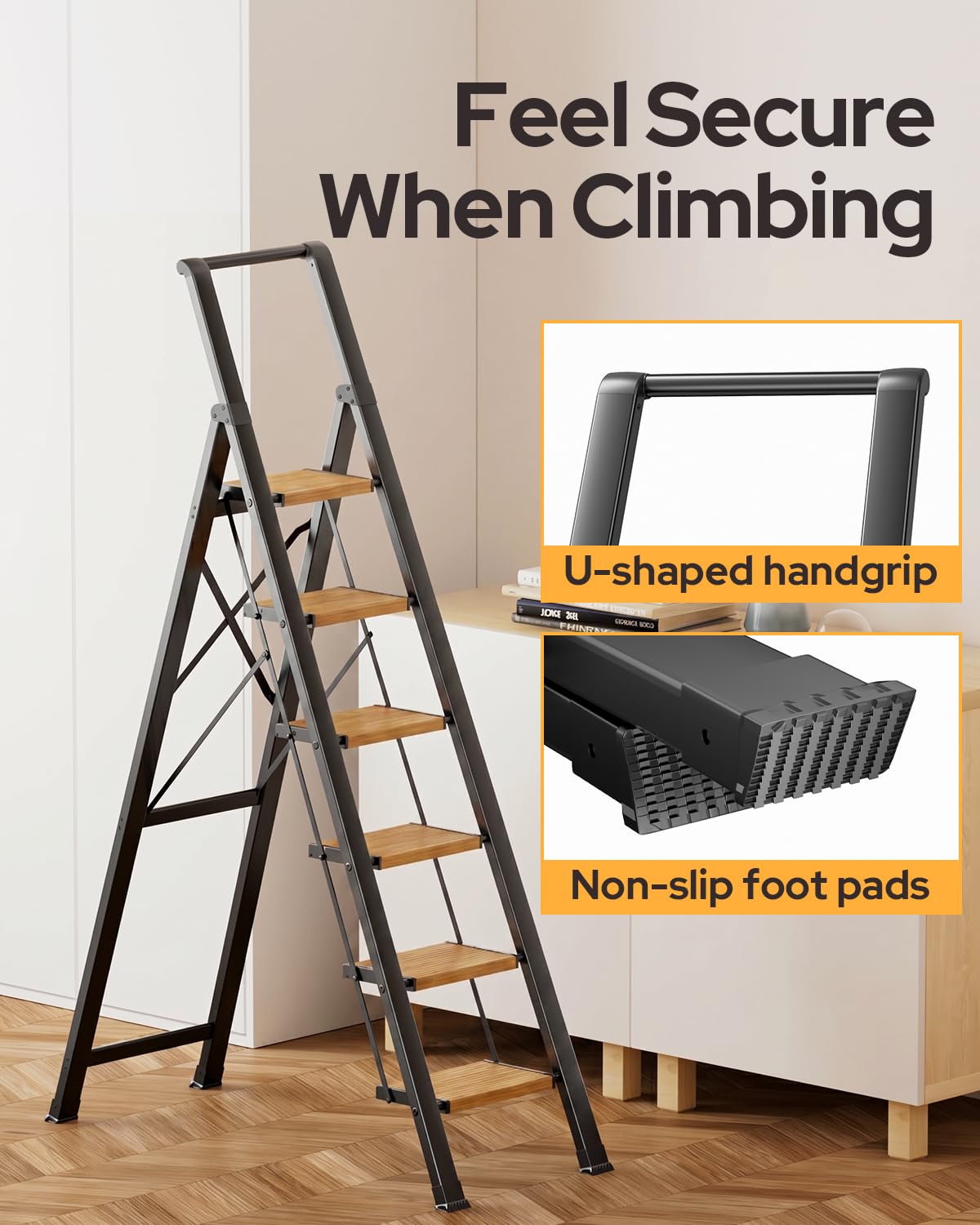 GameGem 6 Step Ladder for 12 Feet High Ceiling, Lightweight Aluminum Folding Step Stool with Convenient Handgrip, Stepladders with Anti-Slip and Wide Pedal for Home Use Space Saving - Black+Woodgrain