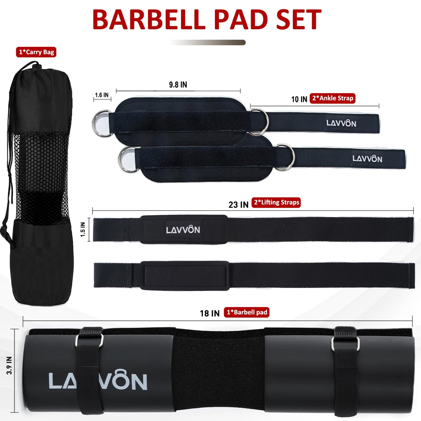 Squat Pad Set - Foam Barbell Pad for Squats Cushion, Lunges & Bar Padding for Hip Thrusts -Standard Olympic Weight Bar Pad,Gym Accessories for Women(Ankle Straps,Wrist Straps for Weightlifting)(Black)