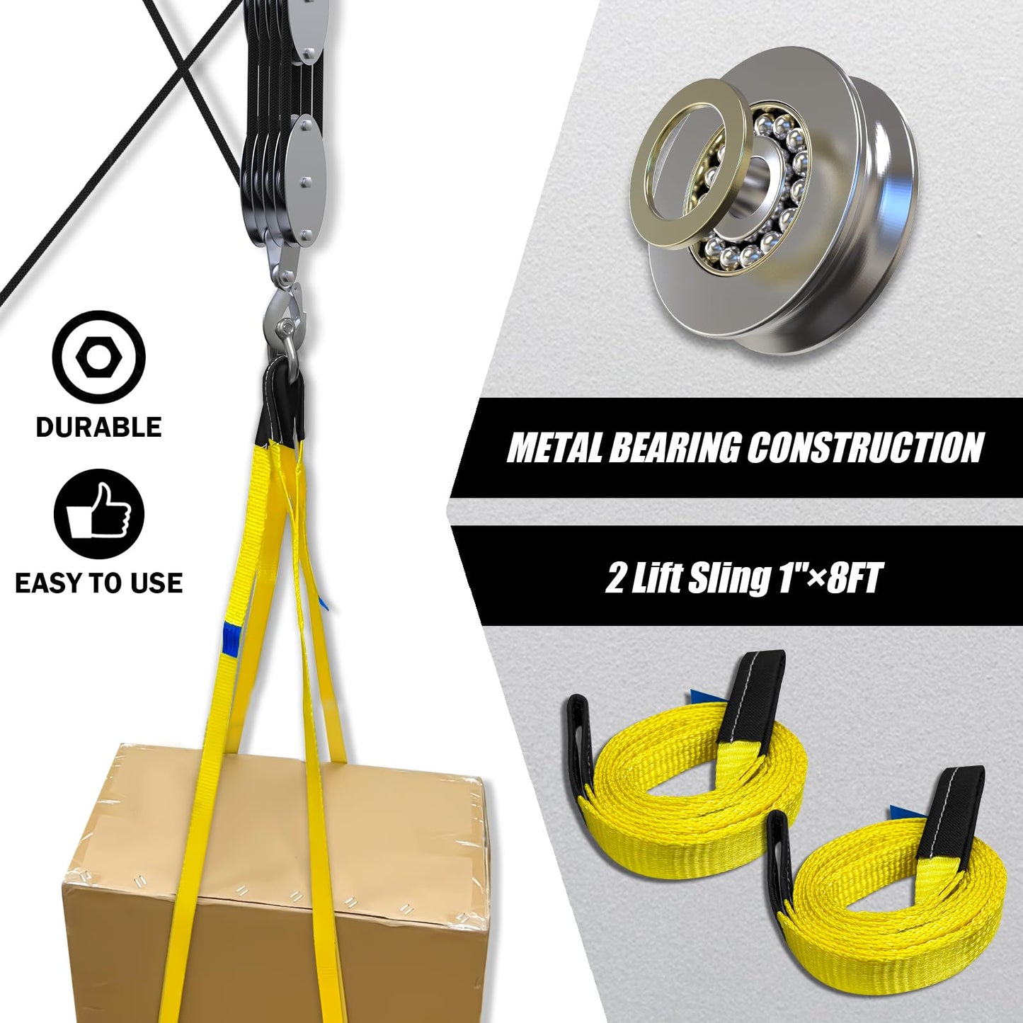 YATOINTO Rope Hoist Pulley System with Metal Bearing, 4400LB Pulley Block and Tackle, 8:1 Lifting Power 65ft, Heavy Duty Pulley Block for Hunting Lifting Garage Warehouses Building (with 2PCs Straps)