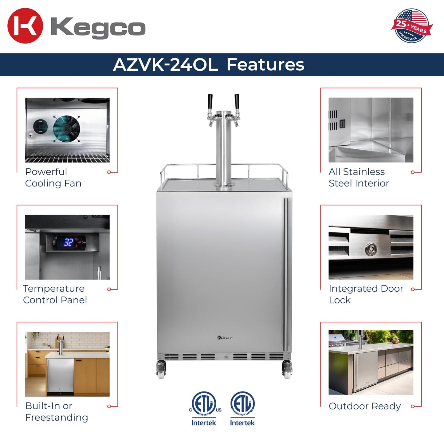 Kegco 24" Wide Outdoor Build-In Dual Tap Stainless Steel Left Hinge Kegerator with Dispense Kit