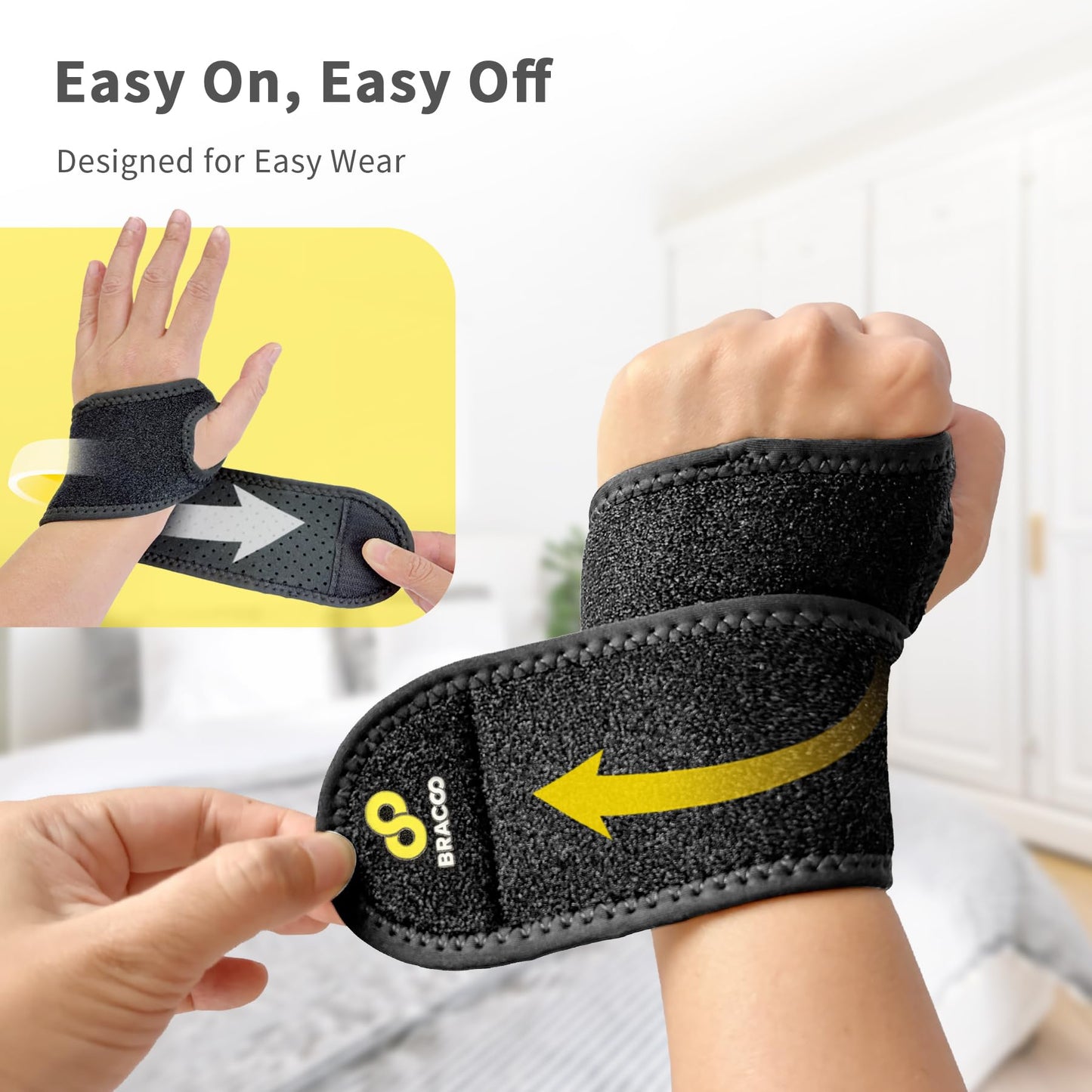 Bracoo Wrist Brace Compression Wrap – Adjustable Support Strap for Carpal Tunnel, Tendonitis, Arthritis, Pain Relief – Fitness & Weightlifting Wristband – Left or Right Hand – WS10