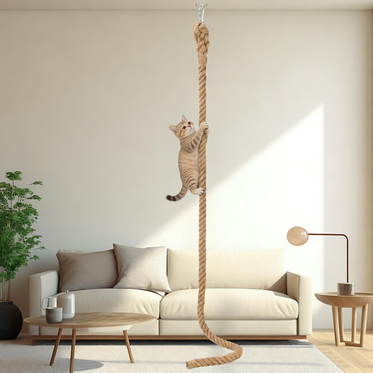 GINDOOR 2" x 9.8Ft Cat Climbing Rope with Hook, Natural Sisal Ropes for Ceiling and Wall Mounted, Durable Space Saving Cat Climbing Jute Rope Toy with Scratching Kitten Rope for Indoor and Outdoor