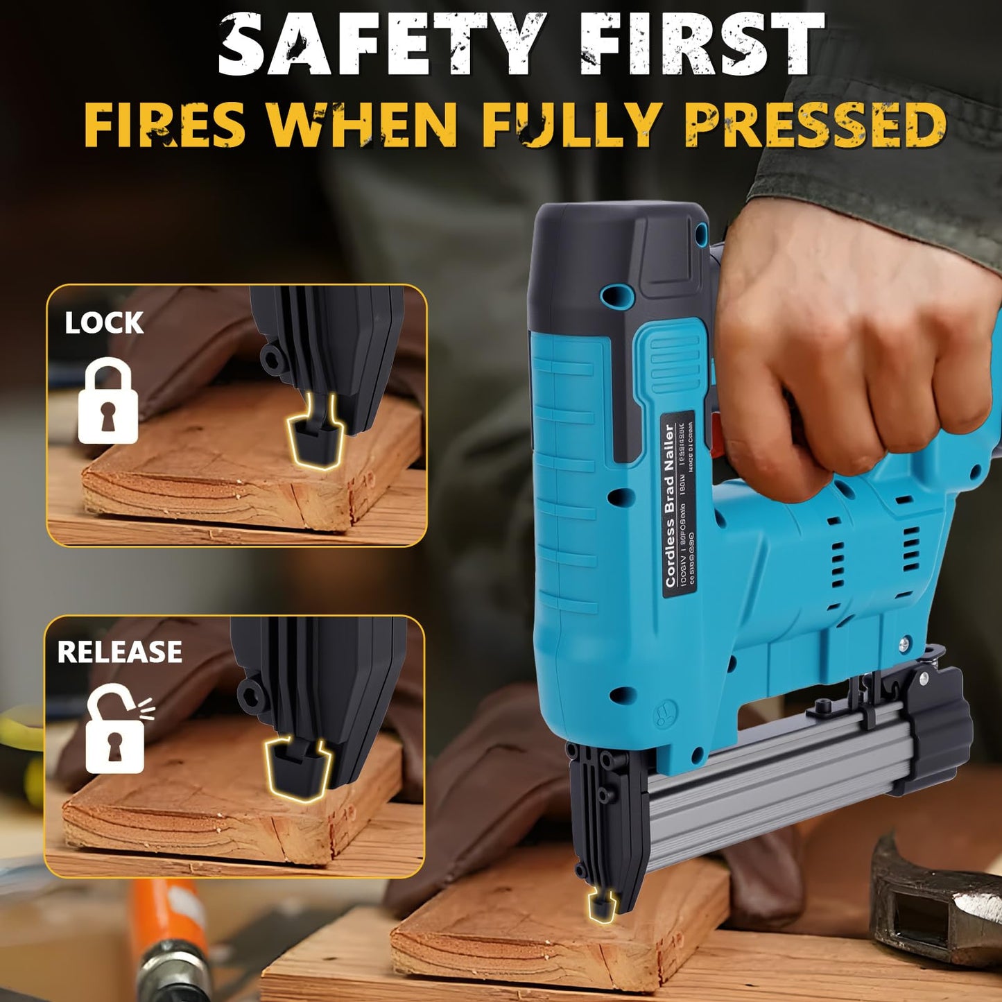 WODHMIEY Electric Nail Gun 2 Modes Battery Powered 18 Ga Brad Nailer, 20V Cordless Nail Gun Compatible with Battery, Copper Motor Heavy Duty Stapler for Woodworking Projects (2 Batteries)