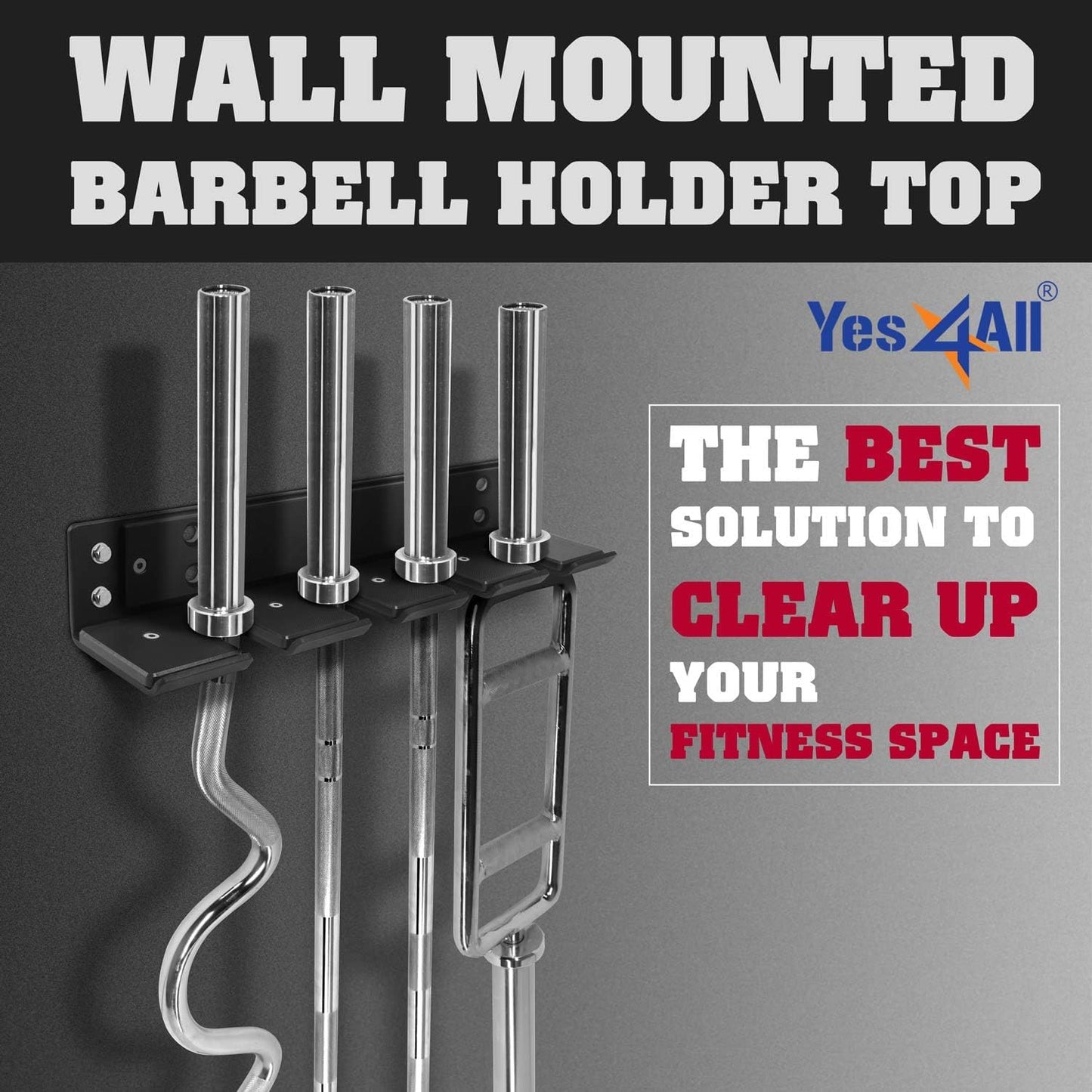 Yes4All Vertical Wall Mounted Olympic Barbell Holder, Barbell Storage Rack, Hanging Barbell Rack for Home Fitness Equipment - 4 bars