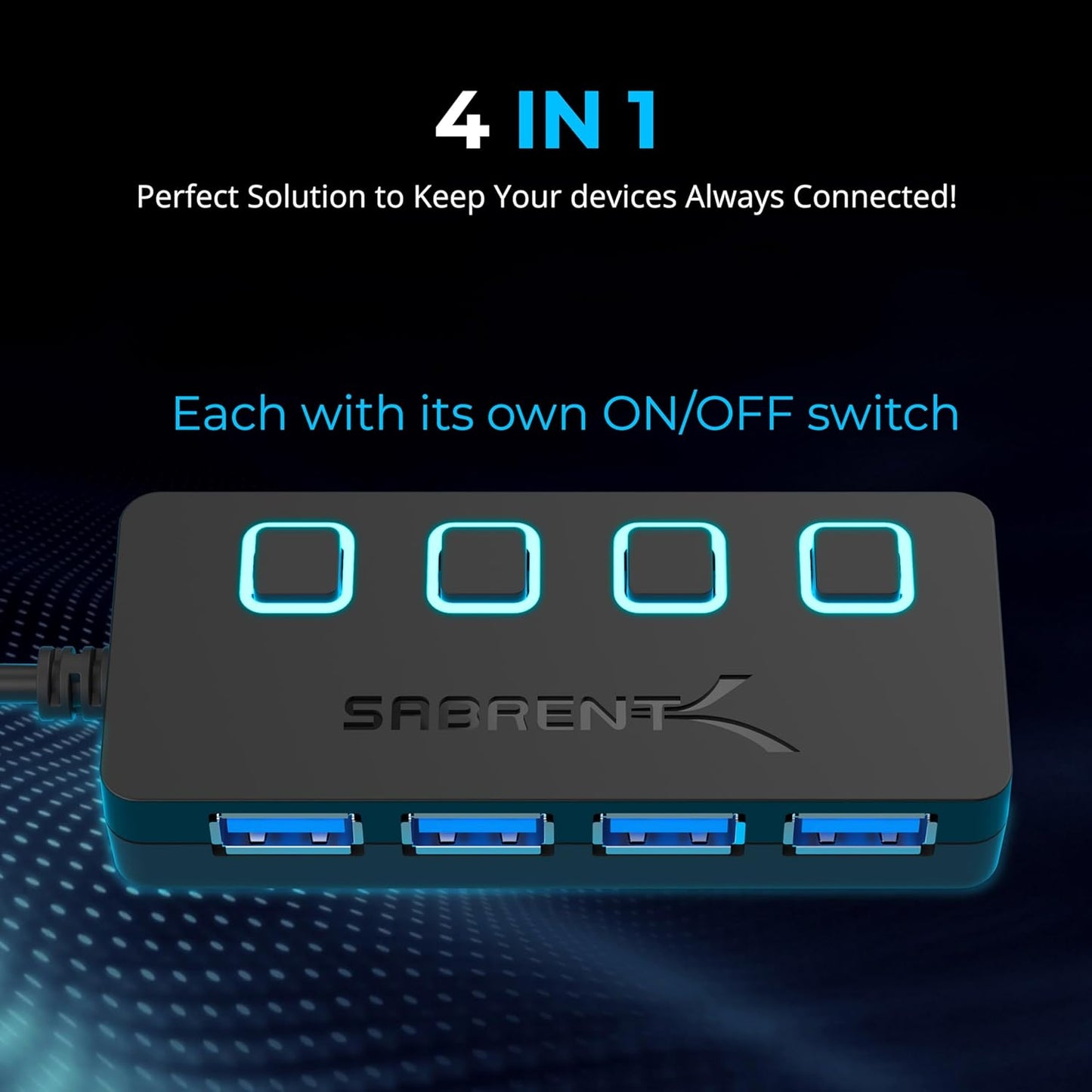 SABRENT 4 3.0 5V/2.5A (HB-UMP3) Port USB Hub with Individual LED Lit Power Switches, Includes Power Adapter