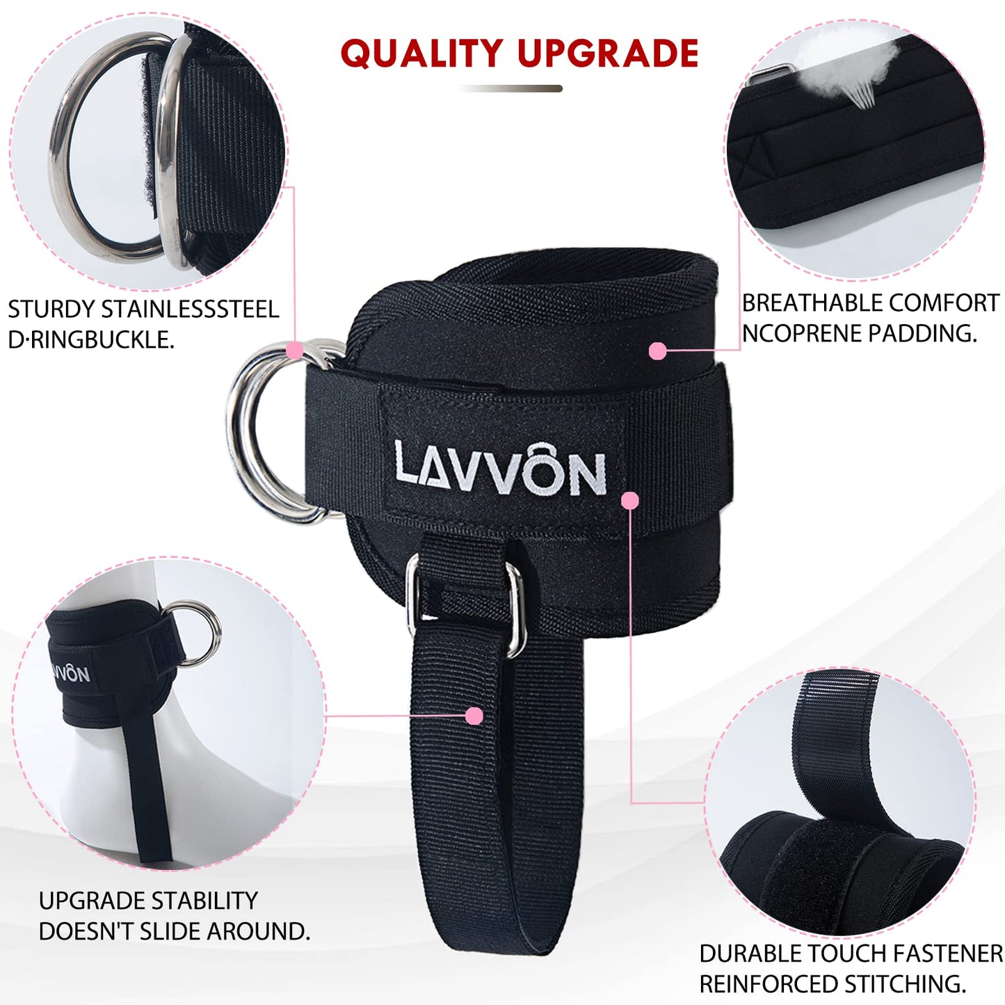 LAVVON Ankle Straps for Cable Machines Kickbacks - Adjustable Comfort Ankle Cable Attachments for Gym Ankle Cuff Cable Machine Glute Kickback Straps - Leg Extensions, Curls & Ankle Cuffs Women
