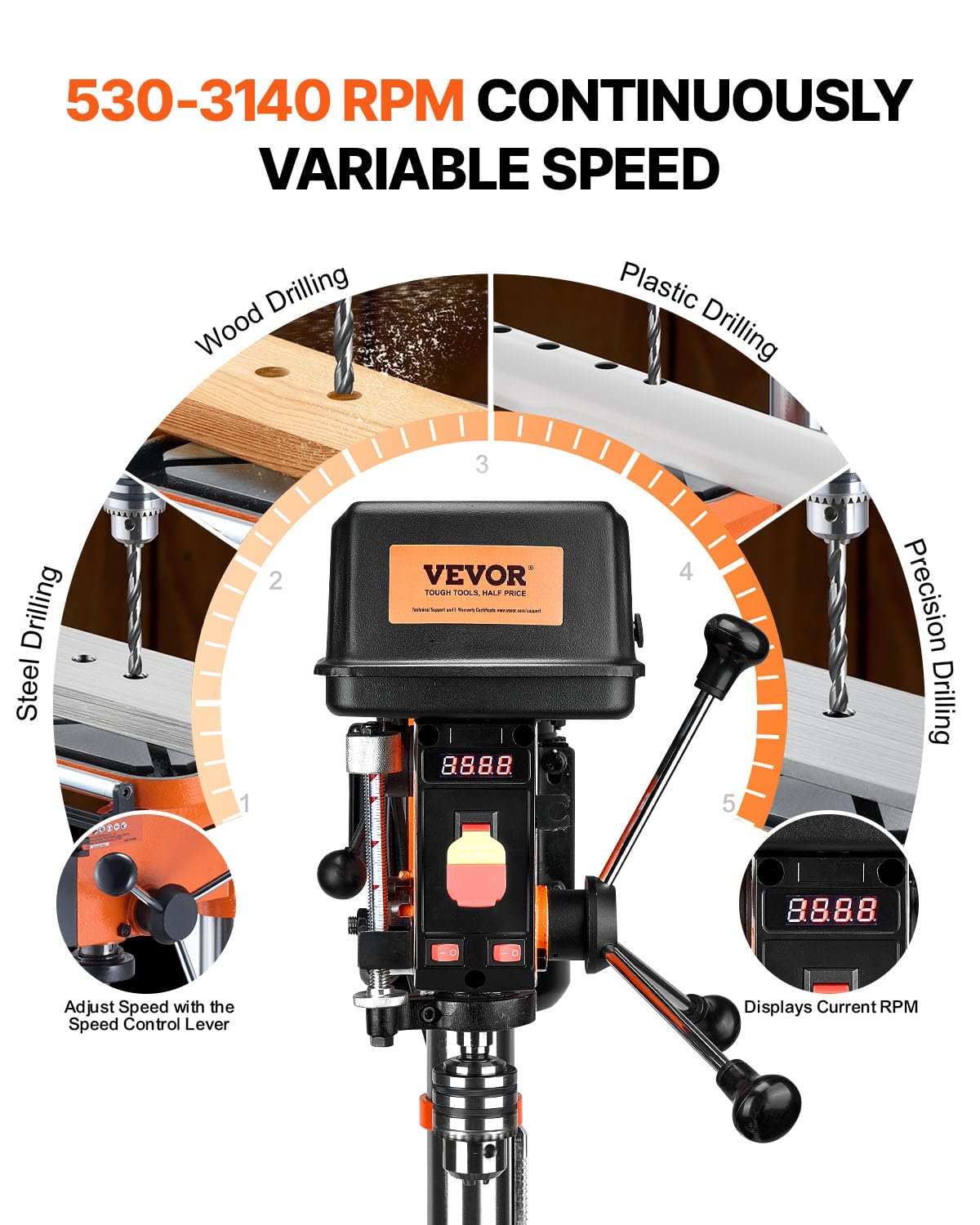 VEVOR 12 in Benchtop Drill Press, 5 Amp 120V, Variable Speed Cast Iron Bench Drill Press, 12 in Swing Distance 0-45° Tiltling Worktable with Laser Work Light, Tabletop Drilling Machine for Wood Metal