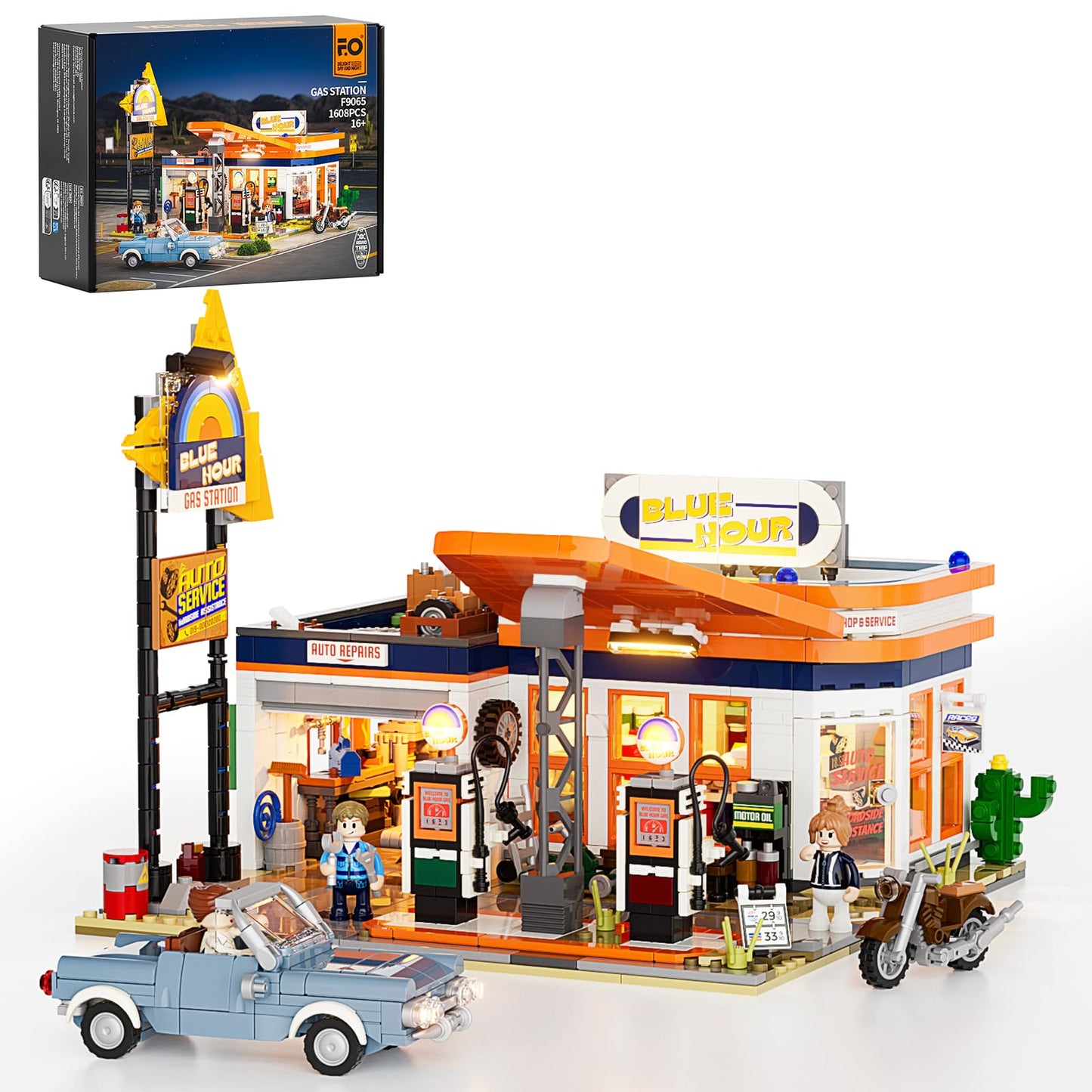 FUNWHOLE City Gas-Station Lighting-Building-Bricks Set - Road Trip Modular Car Service Station Collection LED Light Building Set 1608 Pcs for Adults, Teen and Travelling Enthusiasts