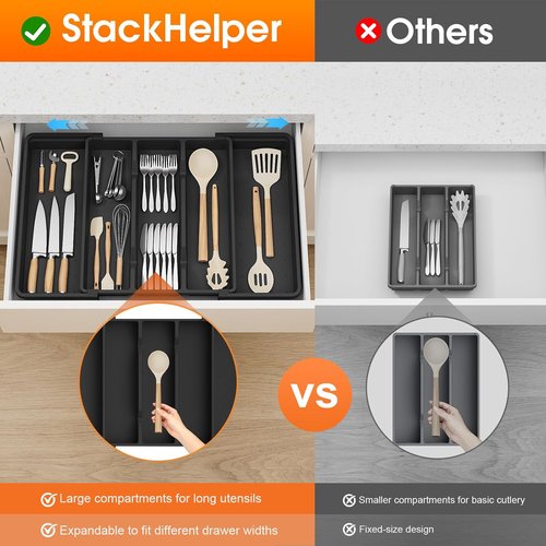 Large Silverware Organizer - Expandable Utensil Drawer Tray | BPA-Free Cutlery Holder in Black
