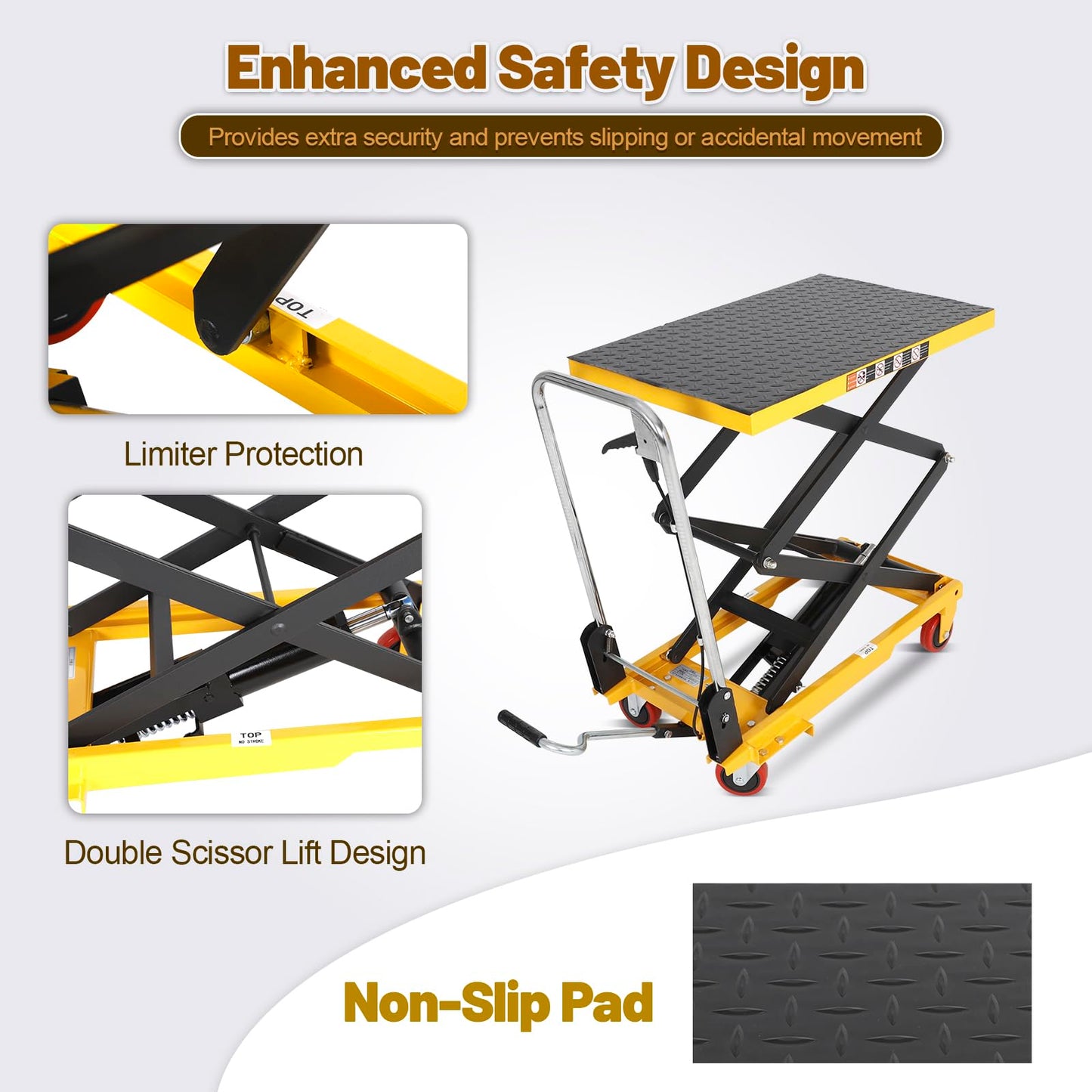 KAFLLA Double Scissor Hydraulic Lift Table Cart with Foldable Handle, 330 lbs Capacity, 11"–50" Lifting Range Manual Hydraulic Lift Cart with Anti-Slip Platform & 4 Wheels for Material Handling