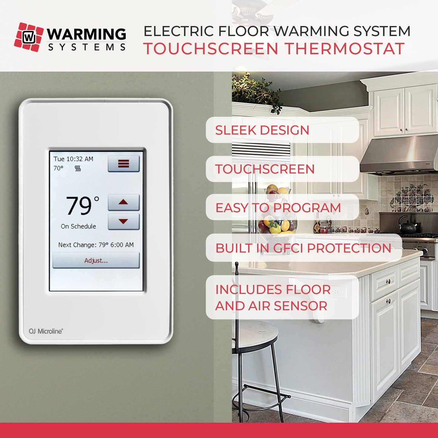 Warming Systems – 15 Sqft Electric Radiant Floor Heating Kit – 120V Heated Tile Floor System with Touch Screen Thermostat, Cable Membrane, Floor Sensor, Installation Alarm & 25 Yr Warranty USA Made