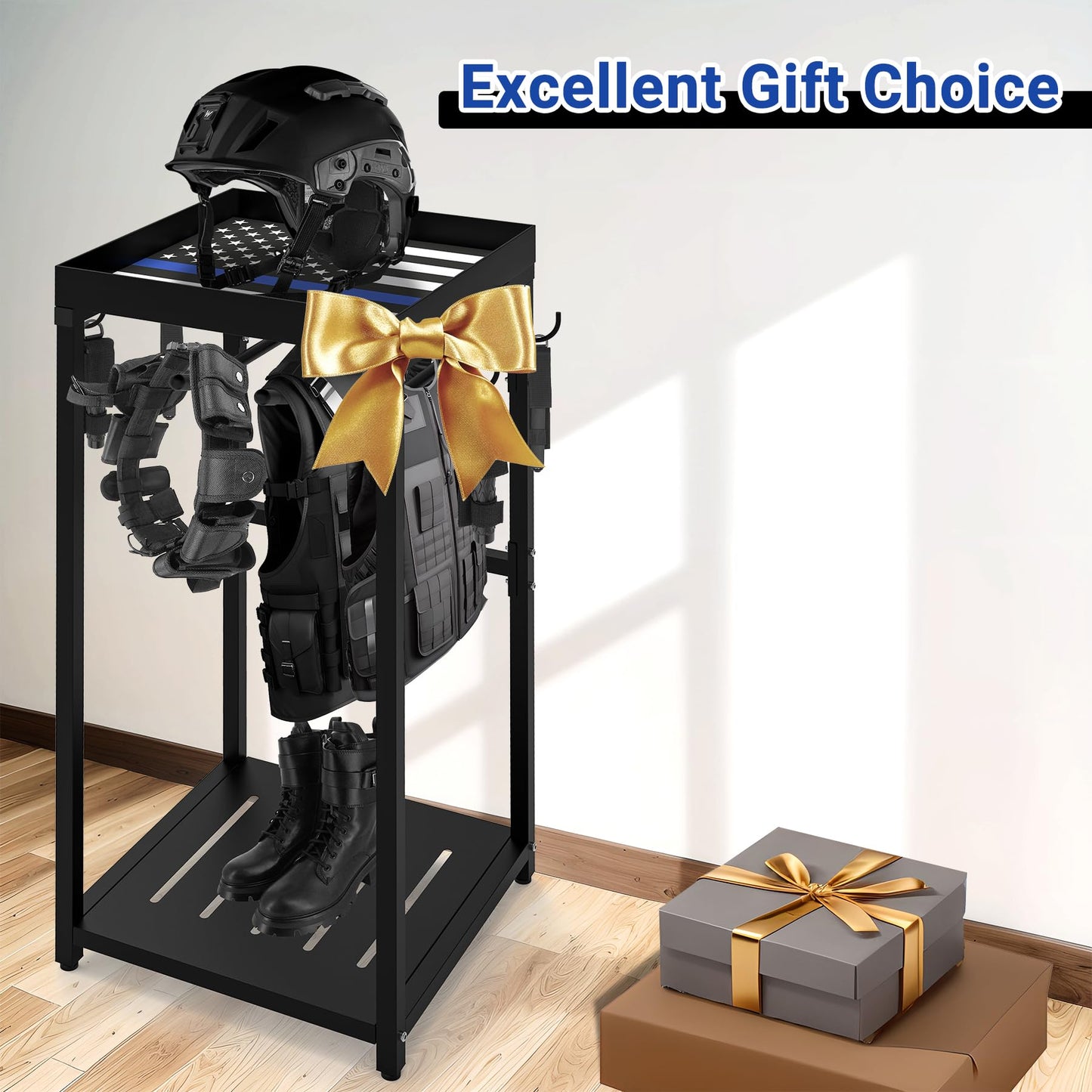 Neoaider Police Gear Stand 18” x 18” x 38”, Tactical Duty Gear Rack Decor with Thin Blue Line Flag, Black Police Hanger with 7 Hooks, Body Armor Stand for Police Gift