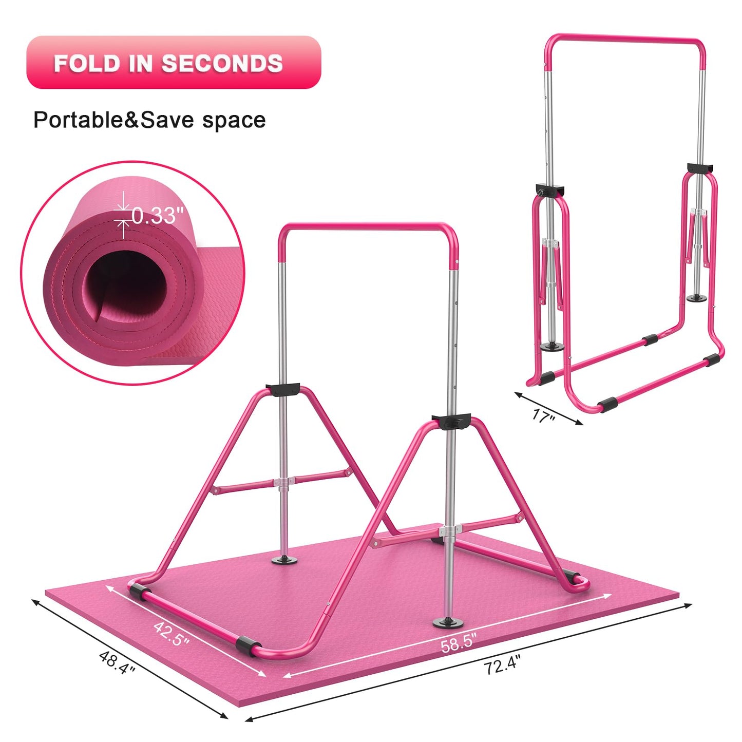 RINREA Gymnastic Bars for Kids with Adjustable Height, Folding Gymnastic Training Kip Bar, Expandable Horizontal Bar for Home (Pink_Mat)