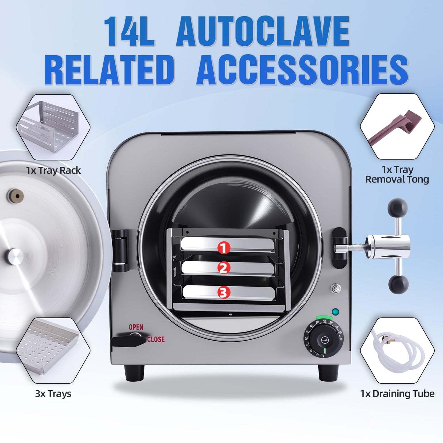 DACAT-RICHFU TR250E 14L Autoclave High Pressure Steam Machine for Dental Lab Salon 251.6°F Professional Stainless Steel Equipment with 3 Trays and Pressure Gauge 900W