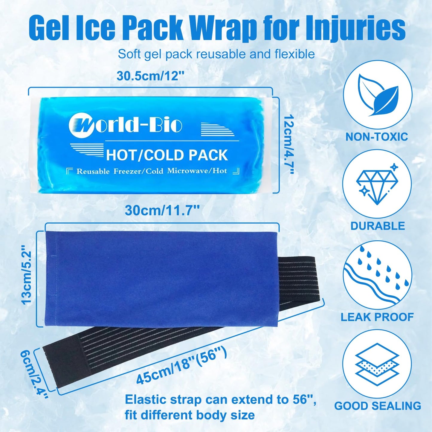 Soft Gel Ice Pack for Injuries Reusable, Flexible Hot Cold Pack for Forehead Neck Head Knee Ankle Wrist Elbow, Medical Cold Pack for First Aid, Migraines (12'' X 4.7''- 1 Ice Pack & Wrap)