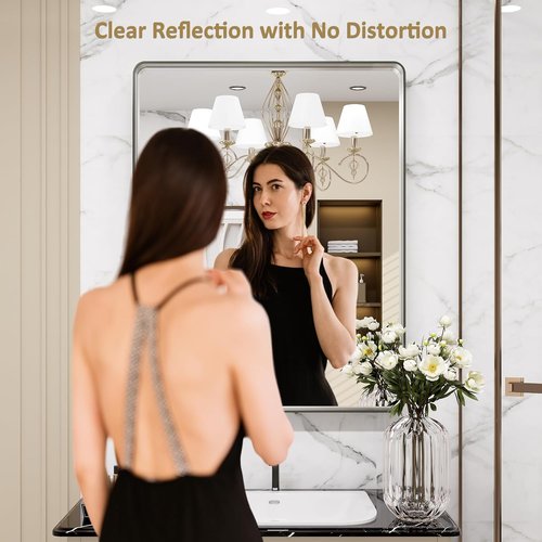 LOAAO Brushed Nickel Bathroom Mirror - 24x30 Inch Rounded Rectangle Design | Anti-Rust & Shatterproof