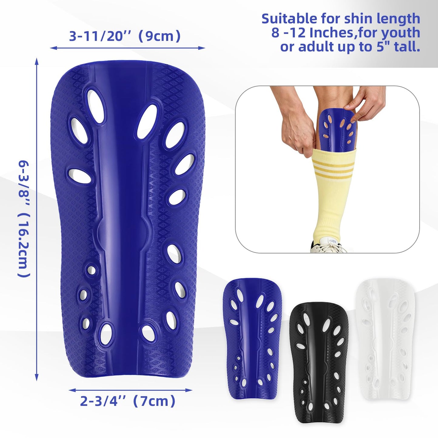 3 Pairs Soccer Shin Guards for Youth Adults, Breathable Shin Guard Sleeves Breathable Shin Guard Equipment for Football Games for Adults Football Player, Men Women-Black & White & Blue