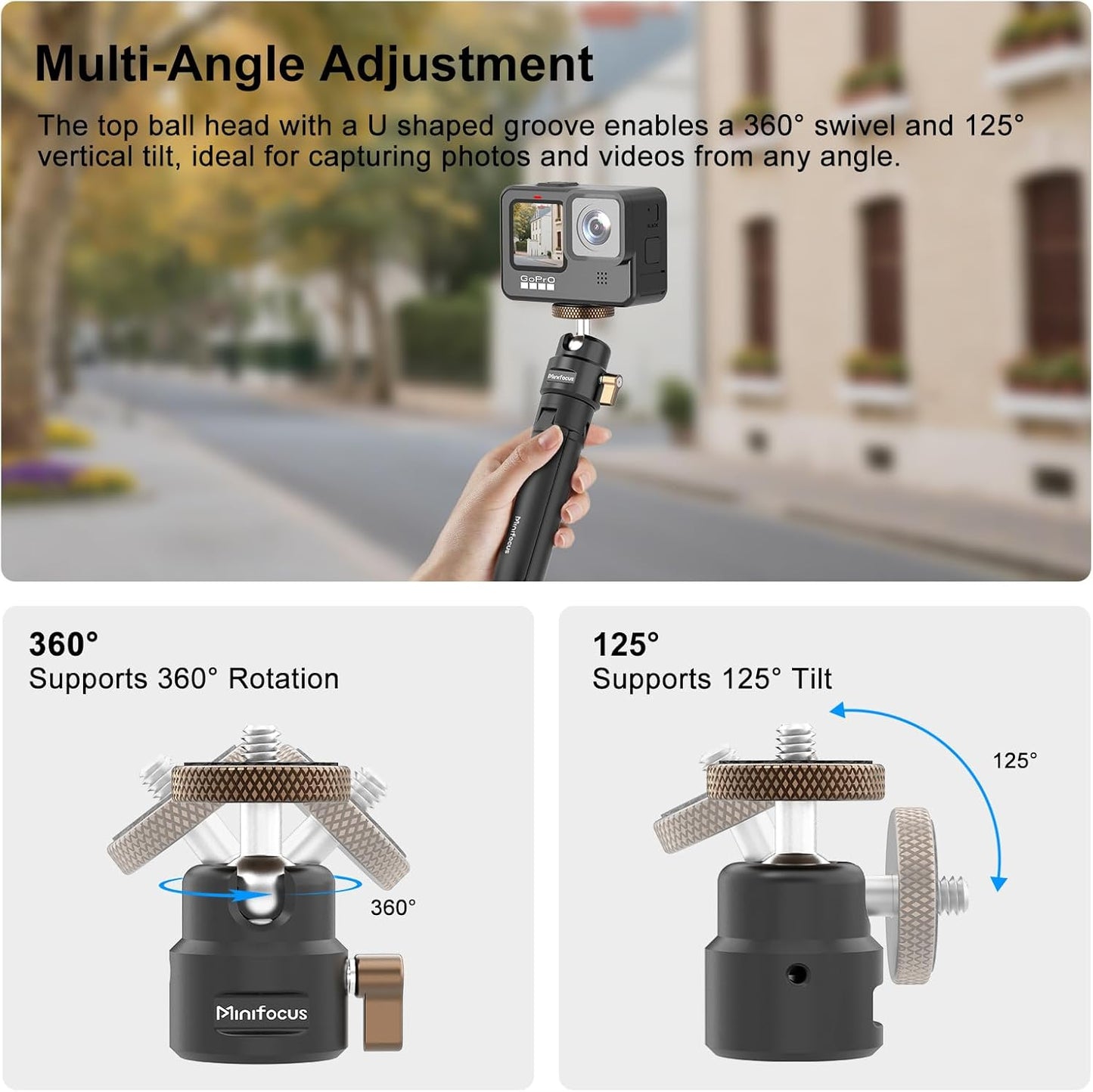 MINIFOCUS 1/4" 360 125 11Ib Mini Ball Head, Metal Tripod Ballhead w Threaded Hole, Swivel Tilt Tripod Mount Adapter