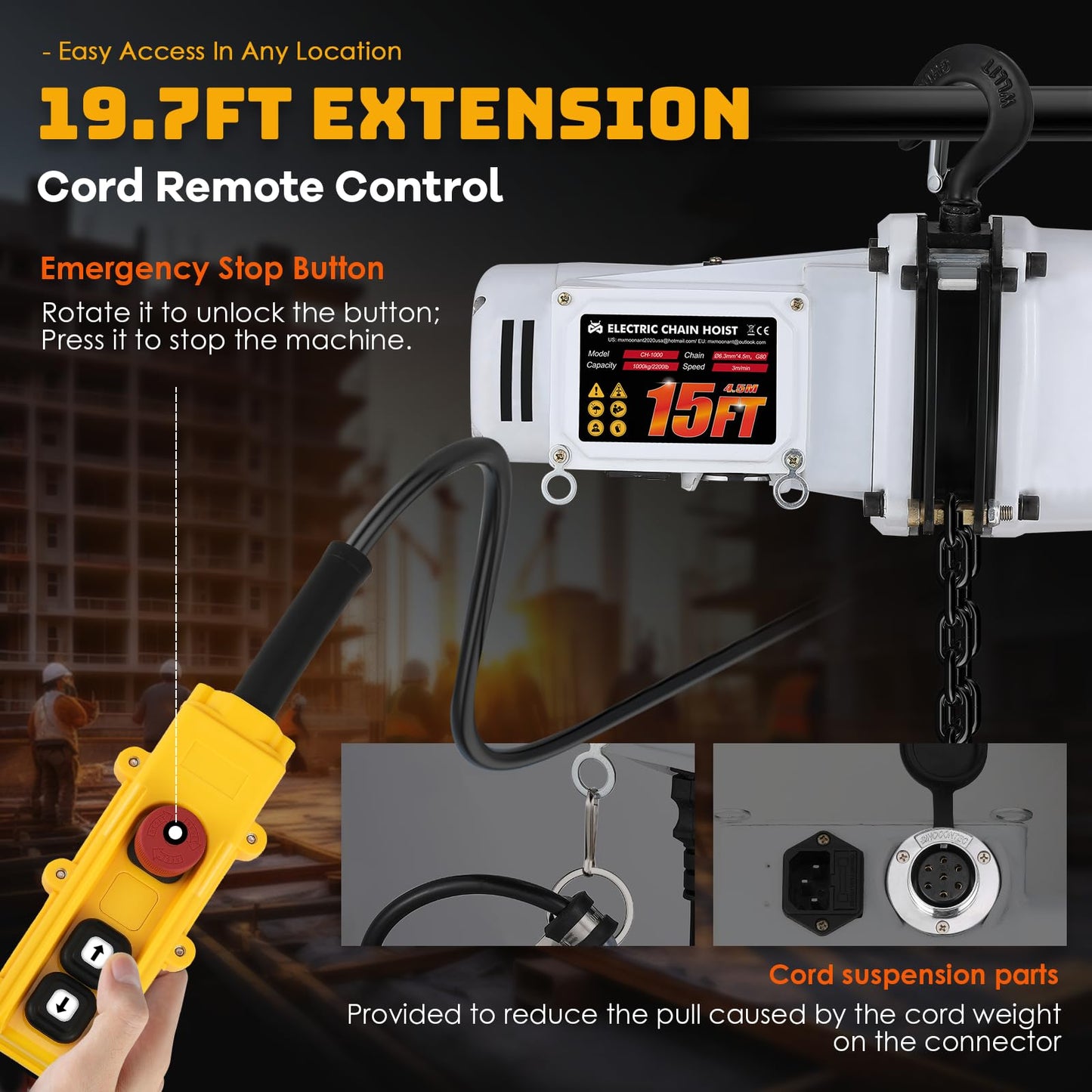 Mxmoonant 2200lb Electric Chain Hoist, G80 Double Chain 15ft Lifting Height, 1 Ton Overhead Power Crane Hoist w/19.7ft Wire Control & Emergency Stop for Garage Warehouse Factories 110V