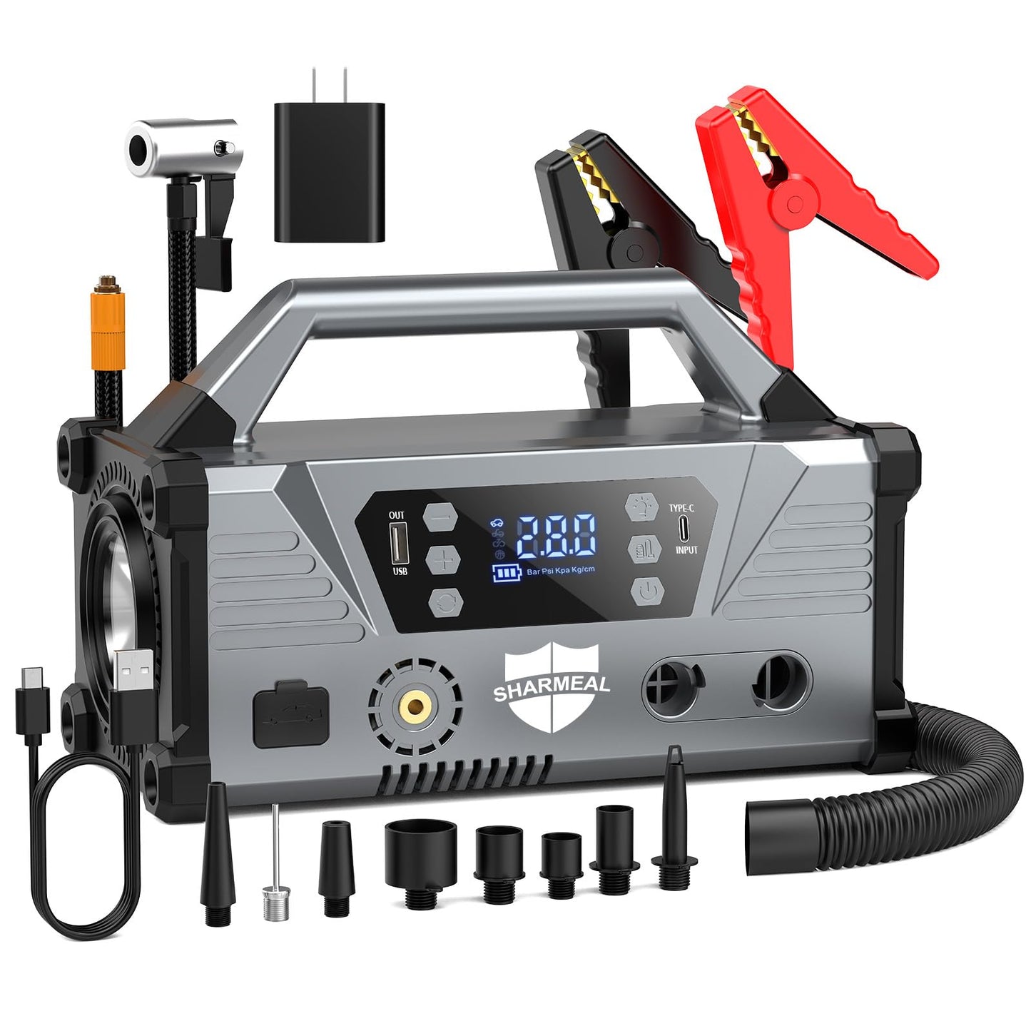 Sharmeal Jump Starter with Air Compressor，9000A Car Battery Jump Starter (All Gas/12.0L Diesel)，200PSI Car Battery Jumper Starter Portable 12V Jump Box with Jumper Cables, LED Light