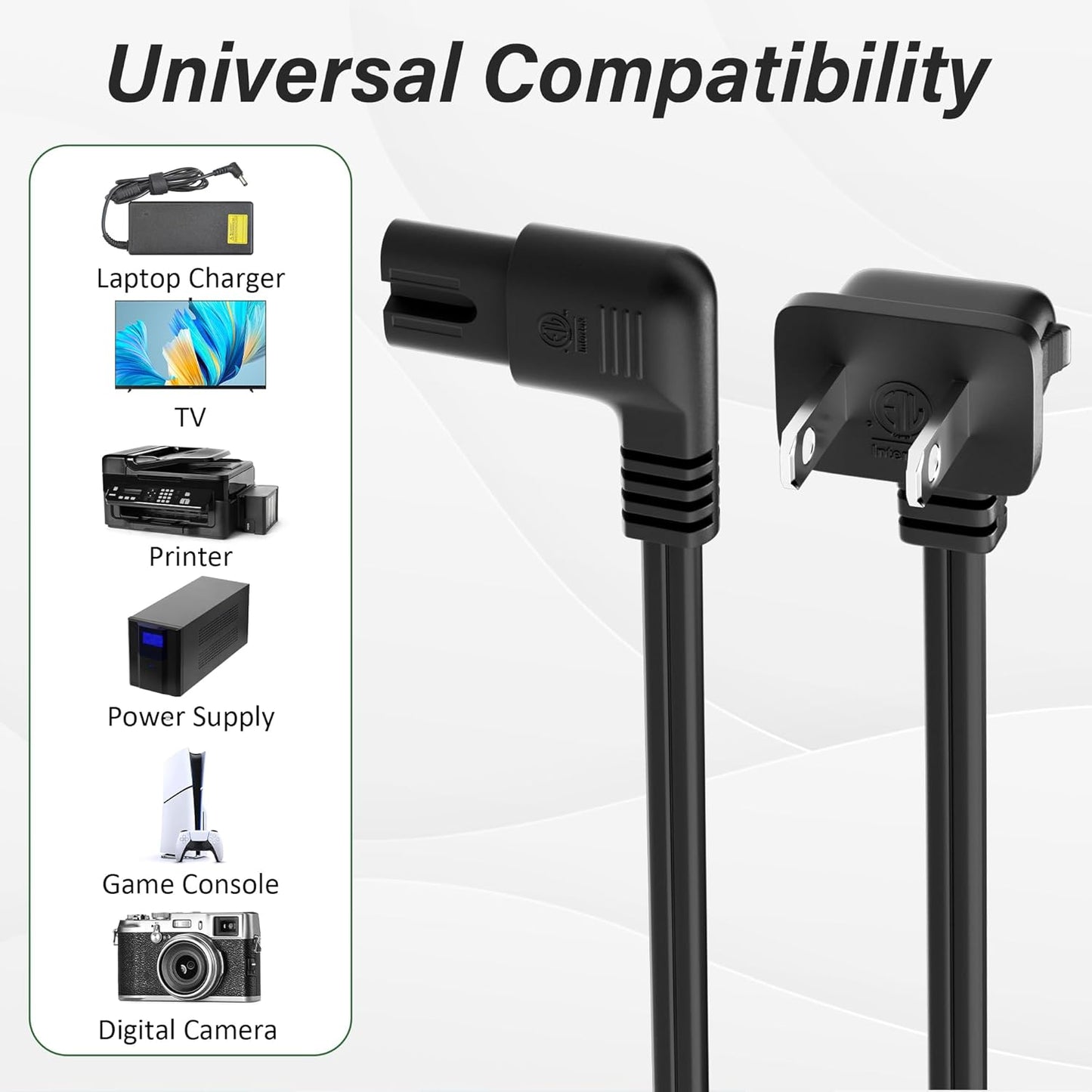 Conable 2-Slot 8 (2-Pack), 90 IEC320 C7 1-15P, 2 8, 2 Pack Angled Non-Polarized Angle Power Cord FT Degree L-Shaped TV