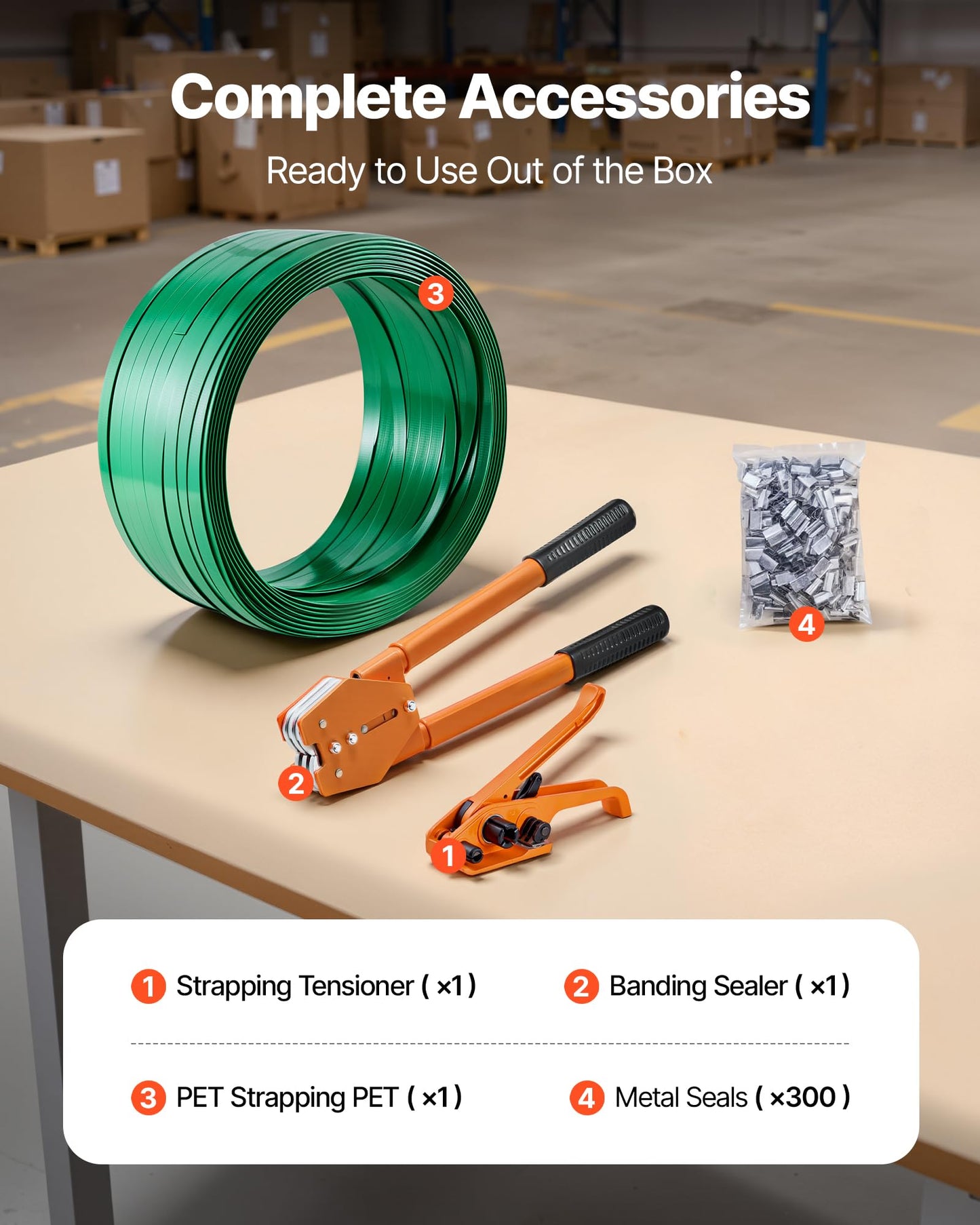 VEVOR Banding Strapping Kit, Heavy Duty Banding Sealer Tool with 1000 ft Length PET Band, 300 Metal Seals, Plastic Manual Pallet Packaging Strapping Kit for Warehouse/Shipping/Moving/Home, Orange