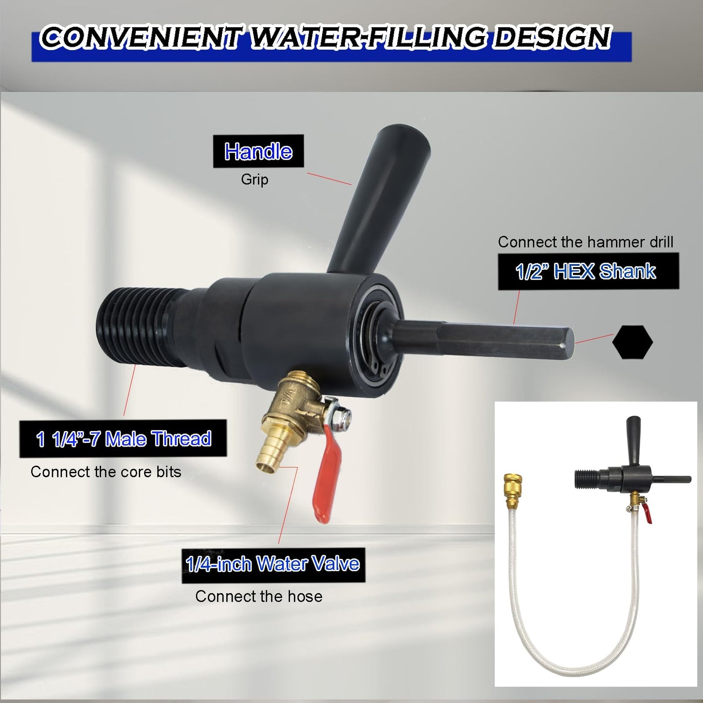 DaduoRi 6" Wet Core Drill Bit with Water Injection Capable Adapter for 1/2" Hex Shank - Includes Solid Brass Quick Connector and Hose - Convenient 1 1/4"-7 Thread Core Bit with Water Feed Design