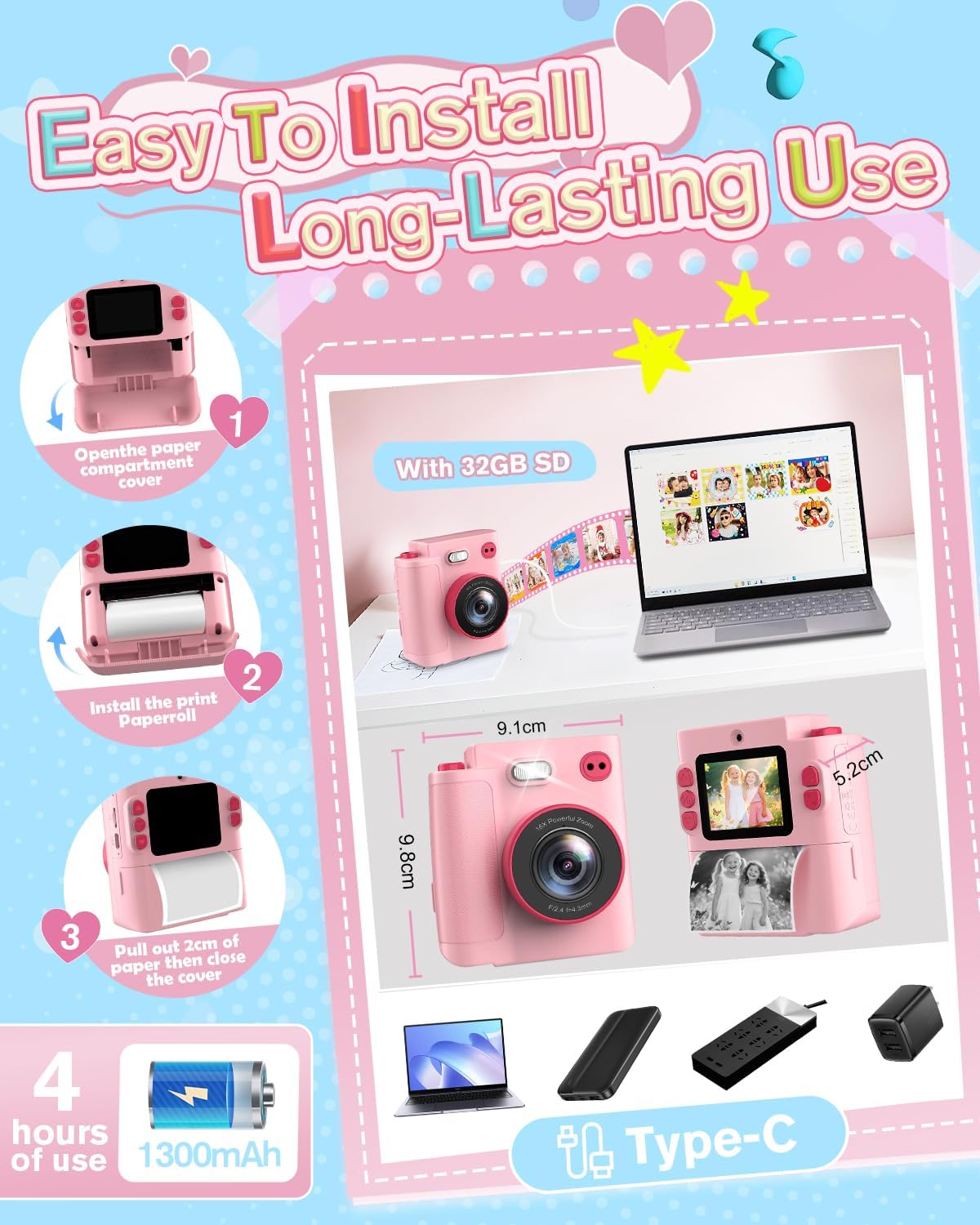 MYSTILUCK 3 4 5 6 7 8 9 10 1080P 32GB Kids Camera Toys for Year Old Girls Boys, Christmas Birthday Gift with HD Digital
