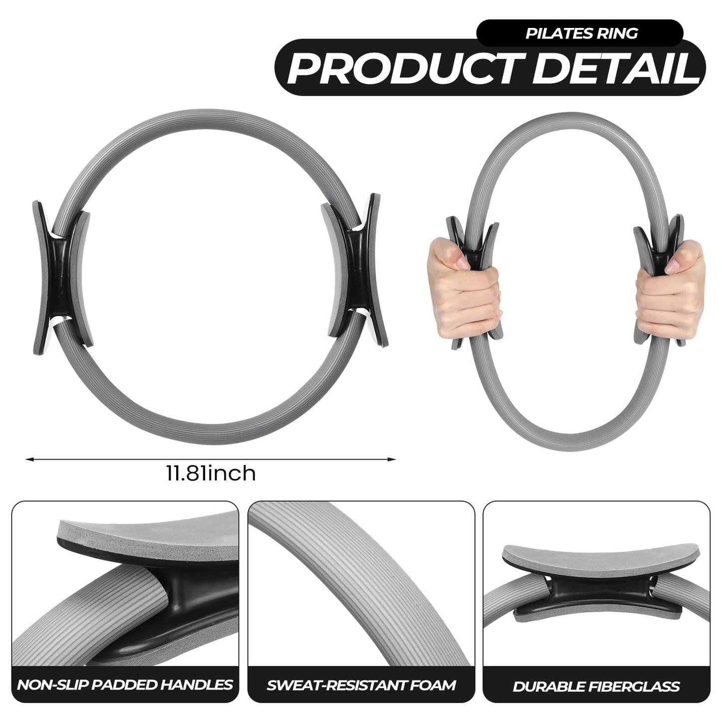 Seenelling 18 Pcs Pilates Ring and Ball Set with Resistance Bands Home Workout Pilates Equipment 11.8 Inch Magic Circle with Padded Handles, Mini Ball for Strength, Toning, Flexibility (Grey)