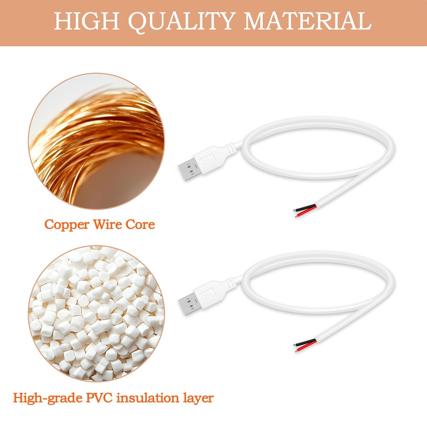 WMSDGZAI 24AWG 2.0 2 5V 2A 1.64FT 2PACK) USB Male Pin Bare Wire Pigtail Cable, USB Extension Cable Open End for DIY