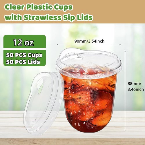 Alaeseje 12 oz Clear Plastic Cups - 50 Pack with Strawless Sip Lids for Iced Coffee & Smoothies