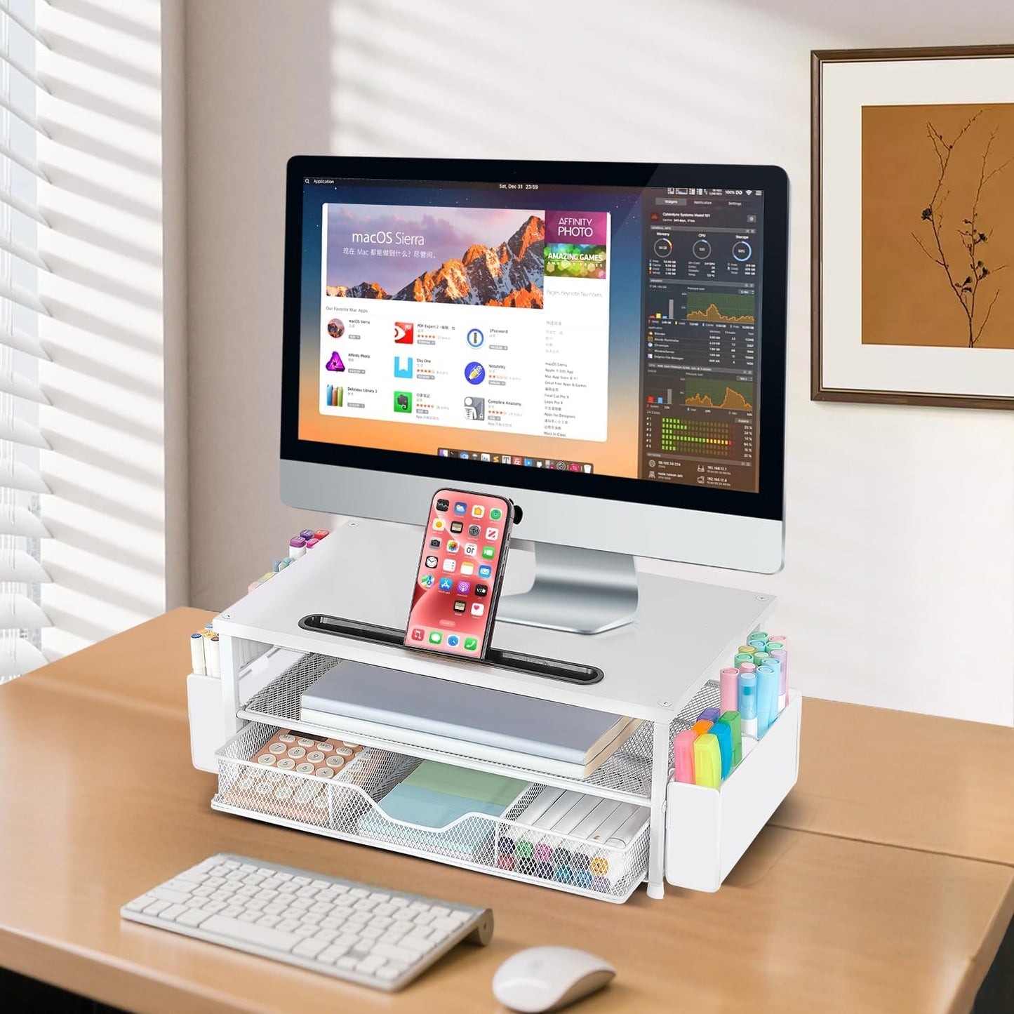 2-Tier AUPSEN White Monitor Stand Riser, Wood Computer Desk Organizer with Drawer, Pen Storage & Phone Holder, Office