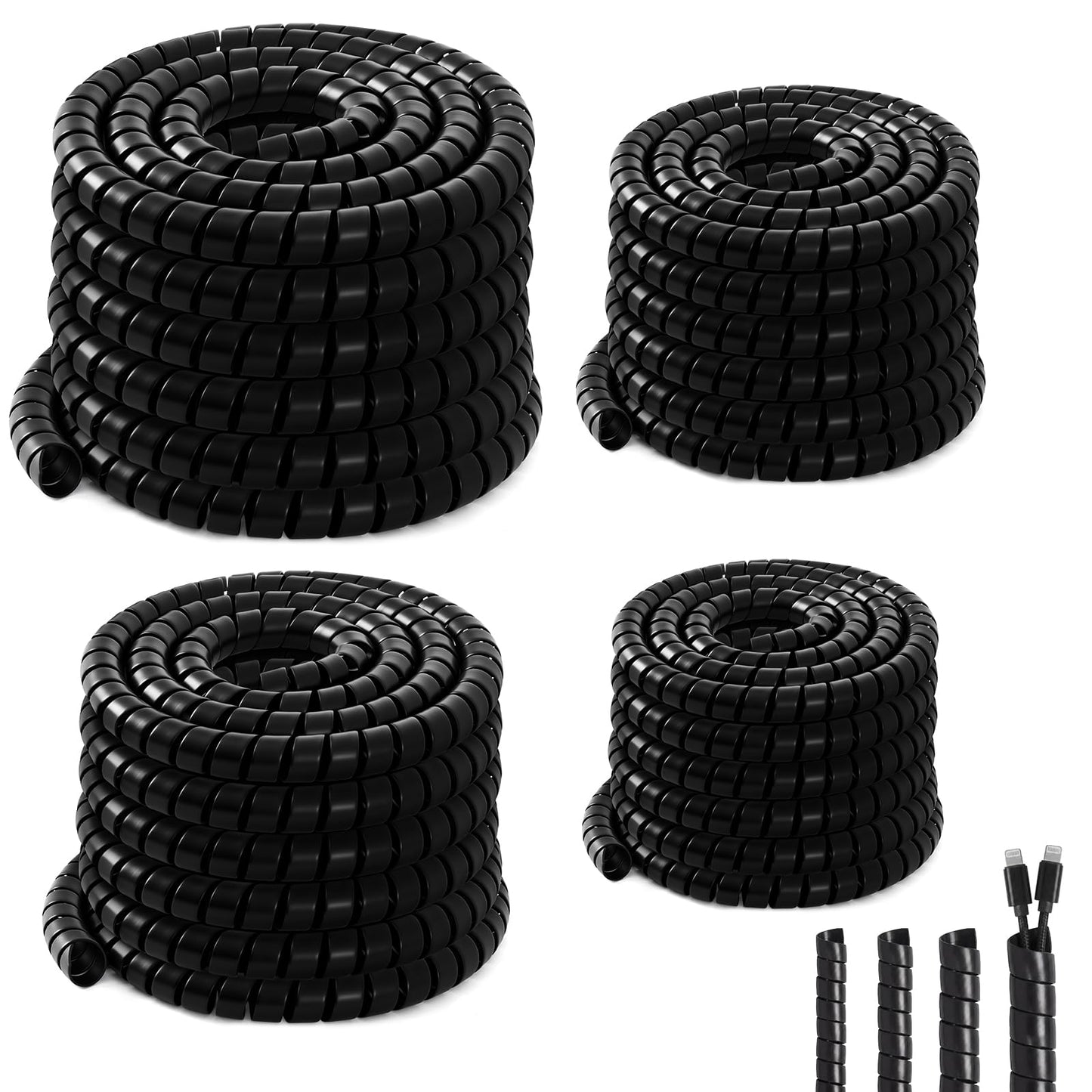 Innconee 4 Pcs Spiral Wrap Cable Protector, Safe 1/4"+3/8"+1/2"+3/4" Od x 50 ft Pre Cut Lengths Hydraulic Hose Protector Wrap to Avoid Wear and Extend Life for Hydraulic Pneumatic Hoses (Black)