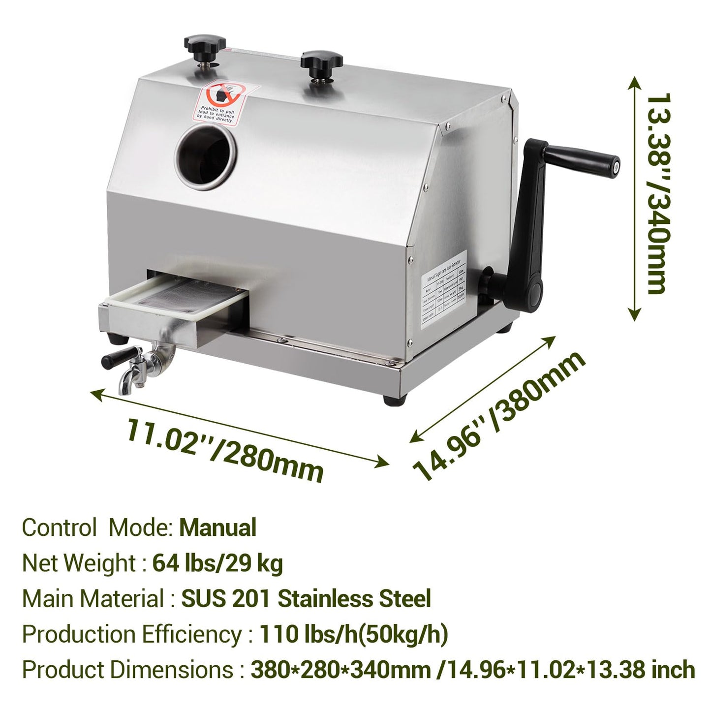 2.4 in Large Inlet Manual Sugar Cane Juicer with 110 LBS/h High Output - Commercial Sugar Cane Press with Stainless Steel 3 Rollers - Sugarcane Juicer for Commercial Use