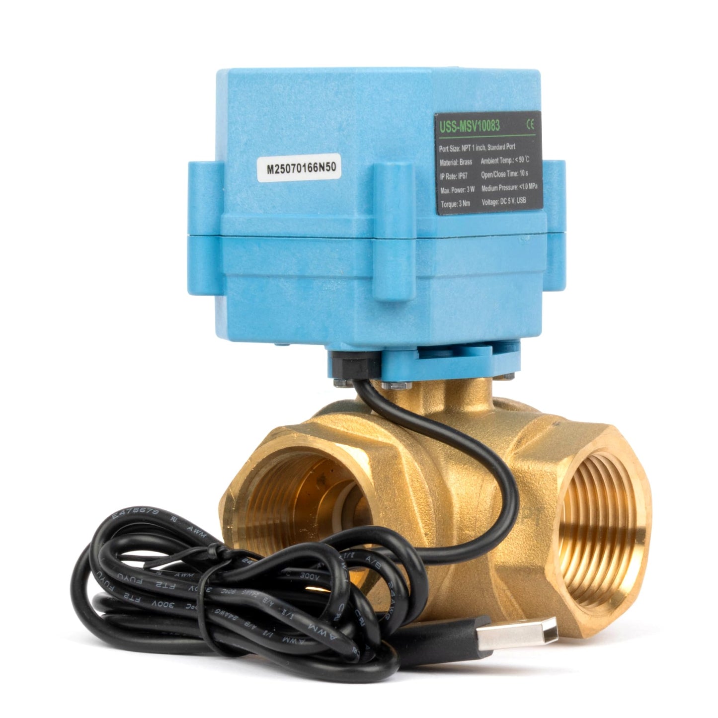 Motorized Ball Valve 1 in NPT U.S. Solid 3 Way Brass WiFi Smart Electric Valve USB Powered with LED Status Indicator and Flow Direction Window