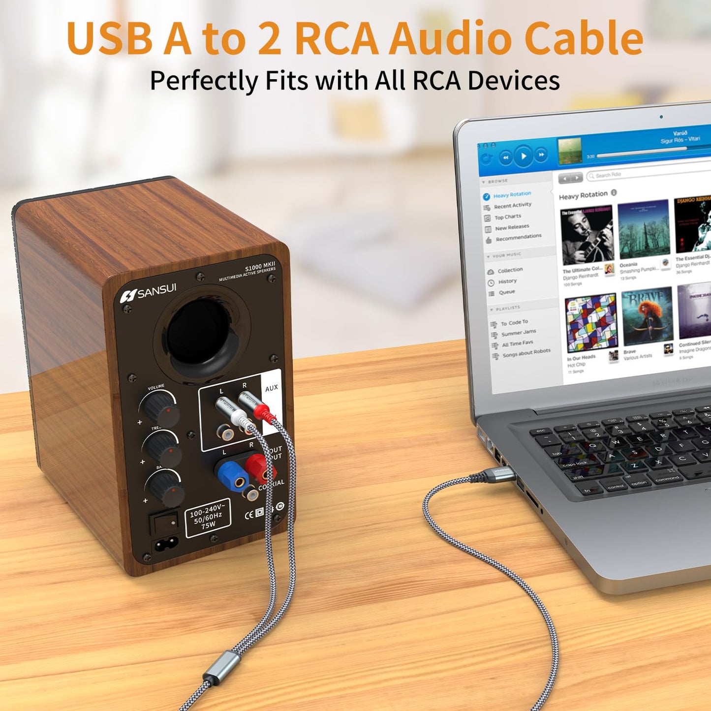 MCSPER (6.6FT), 2.0 2 USB to RCA Audio Cable USB Male to RCA Male Stereo Audio Cable Converter, Nylon Braided USB