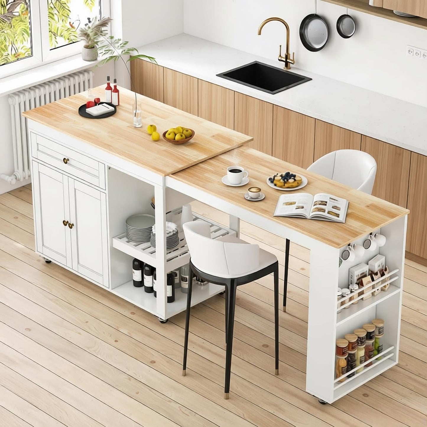 DalyLuxa 78"-49" Extendable Rolling Kitchen Island with Extended Dining Table, Mobile Kitchen Storage Islands with Storage Drawers, 2-Tier Storage Shelf, White