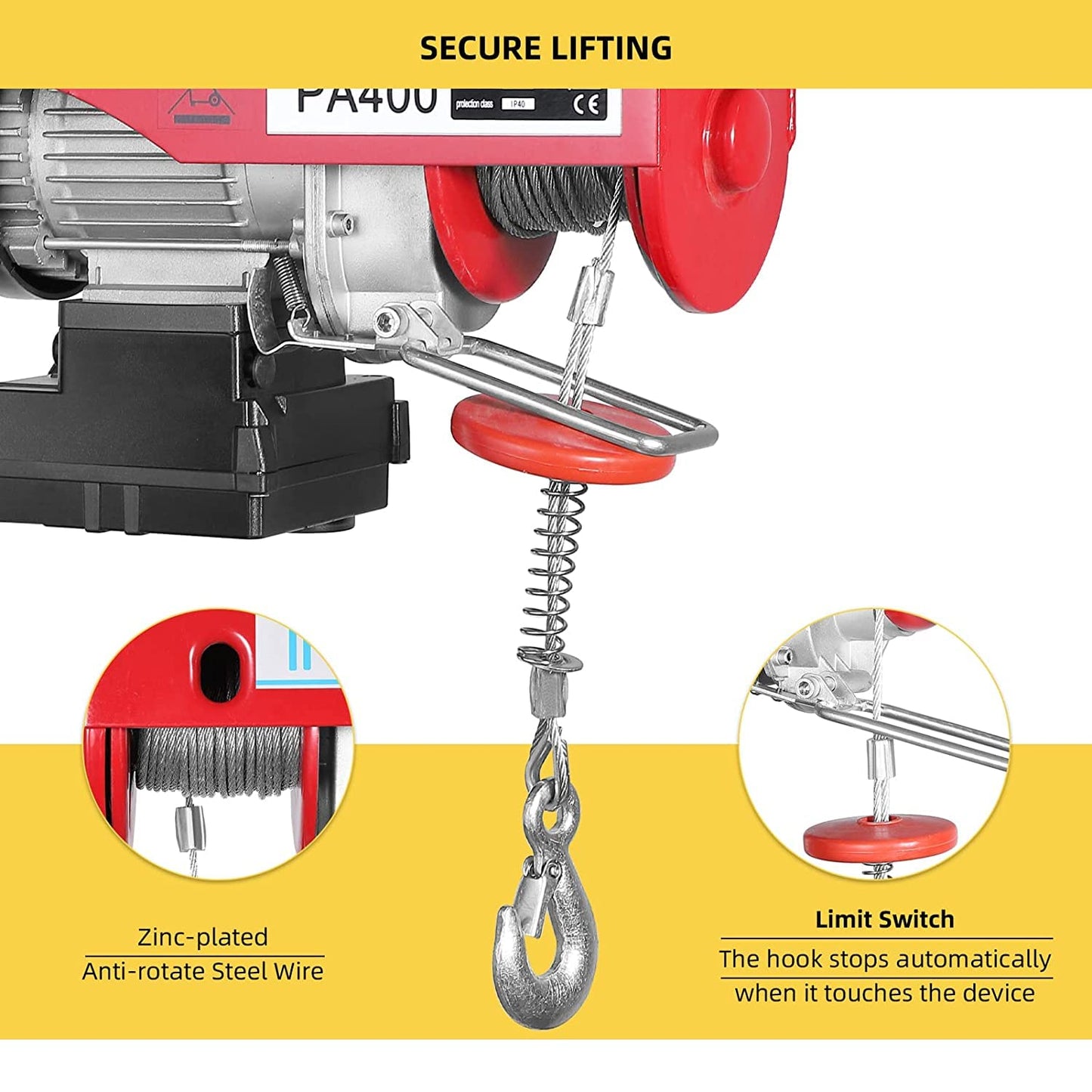 Electric Hoist 880LBS, Auto Lifting Electric Hoist, Wireless Remote Control Electric Cable Hoist with 12m Rope, 110V Electric Winch Crane Electric Hoist for Garage Ceiling Factory Warehouse